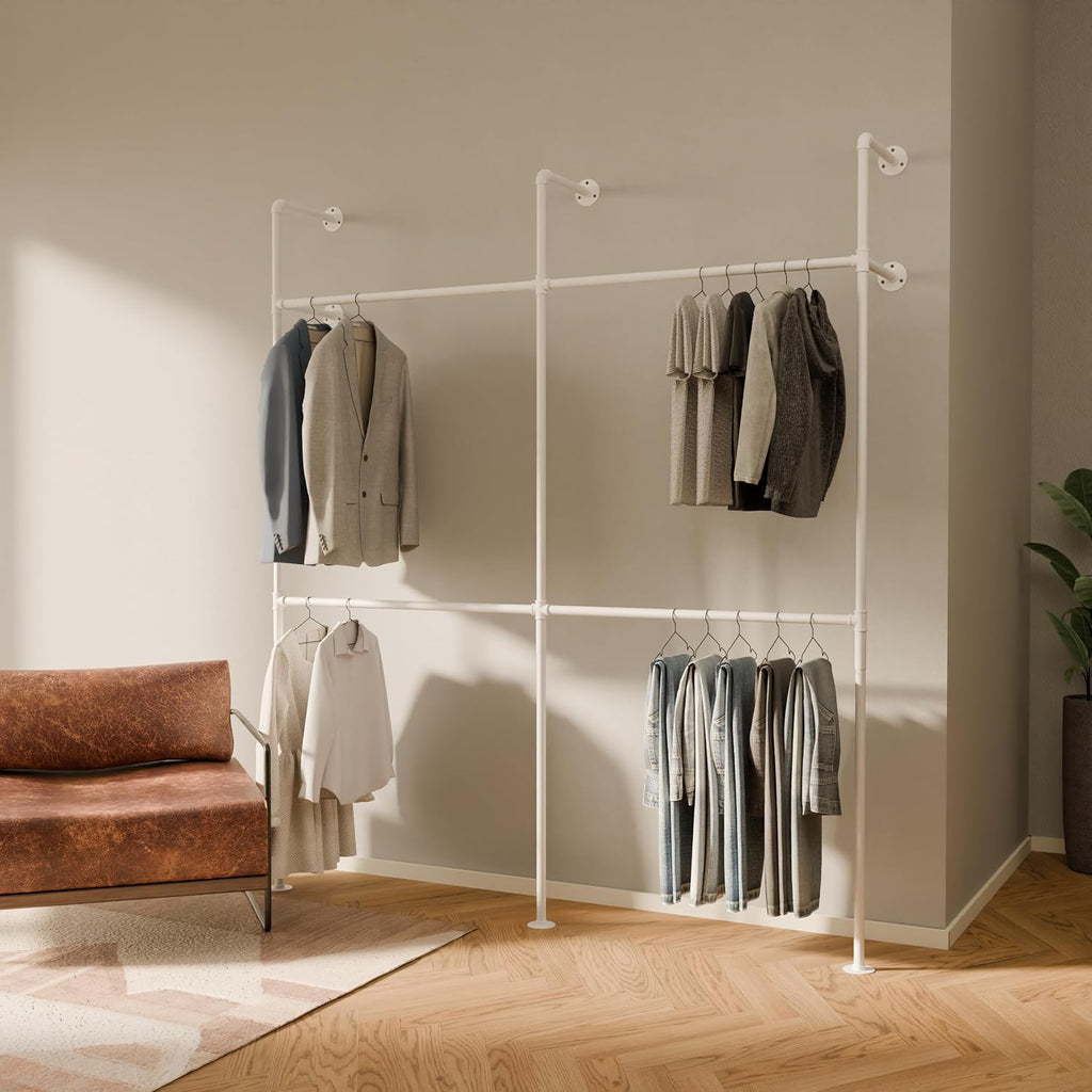 pamo Industrial Pipe Clothing Rack White Metal - 660 lbs Capacity - Wall-Mounted Clothes Racks for Hanging Clothes - Modern Walk-In Closet