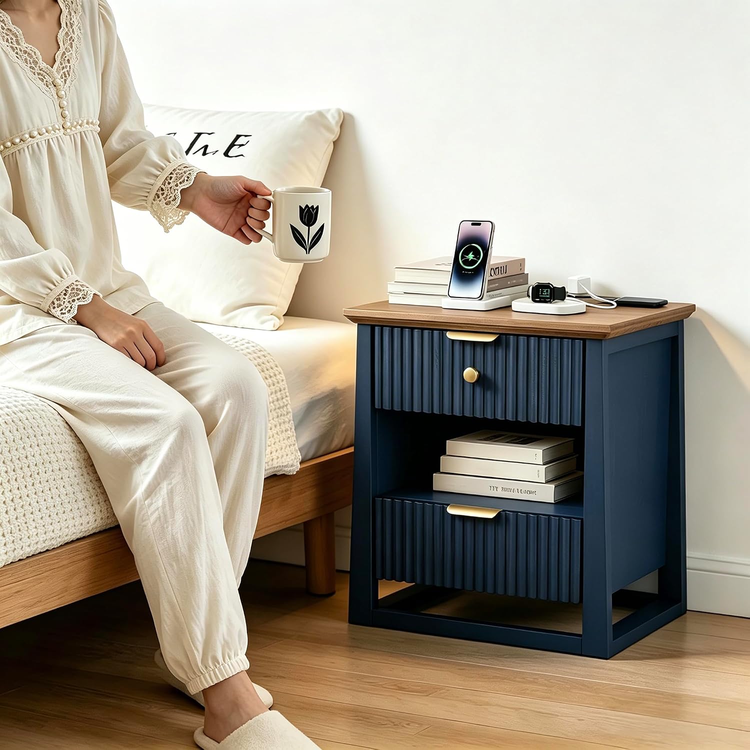 HIFYOBRO Fluted End Table with Charging Station and Motion Sensor Light, Modern Blue Side Table with 2 Drawers and Storage Shelf for Living Room, Bedroom, Guest Room