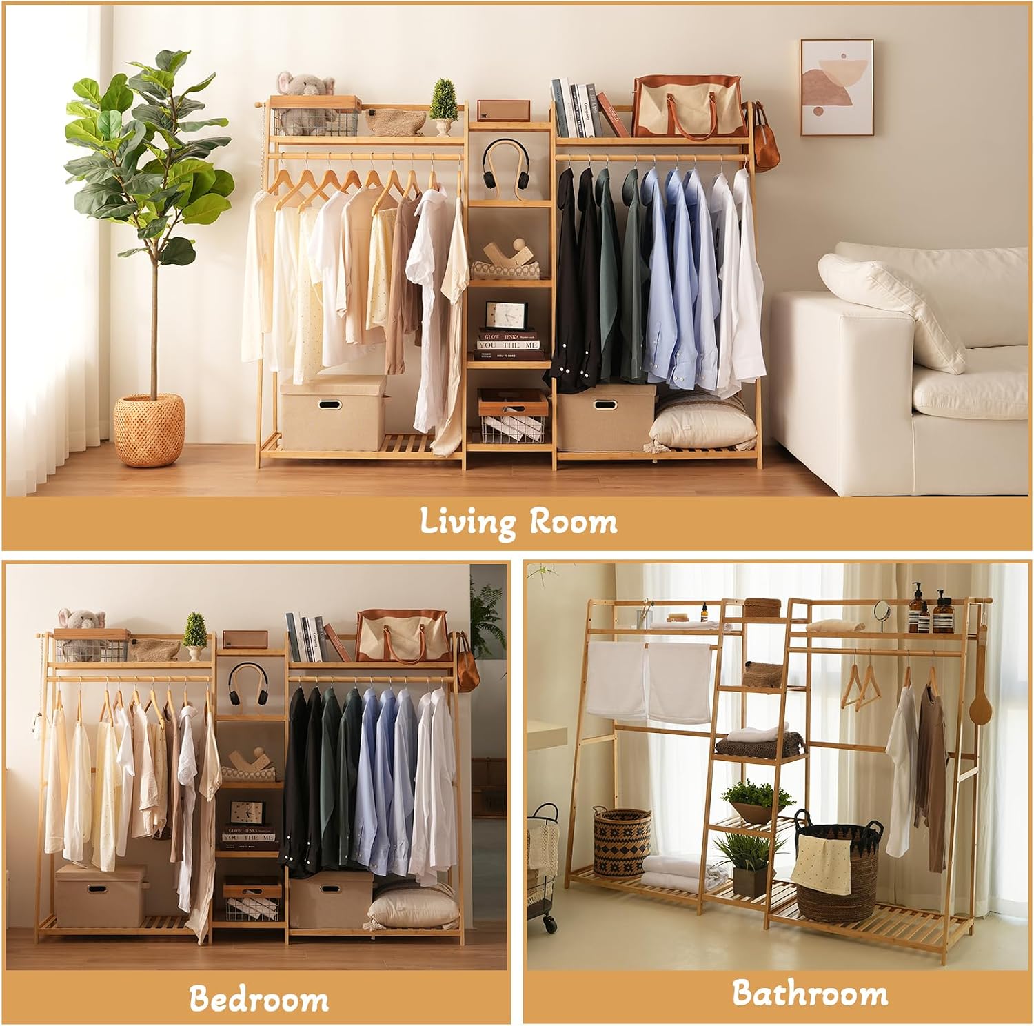 Baveke Bamboo Garment Rack 9 Tier Storage Shelf Coat Clothes Hanging Rack, Portable Wardrobe Closet Organizer With Top Shelf, Shoe Storage Shelves for Bedroom, Natural, FSC-Certified Bamboo