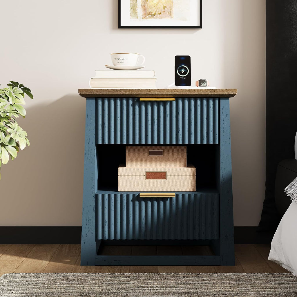 HIFYOBRO Fluted End Table Set of 2 with Charging Station and Motion Sensor Light, Modern Blue Side Tables with 2 Drawers and Storage Shelf for Living Room, Bedroom, Guest Room