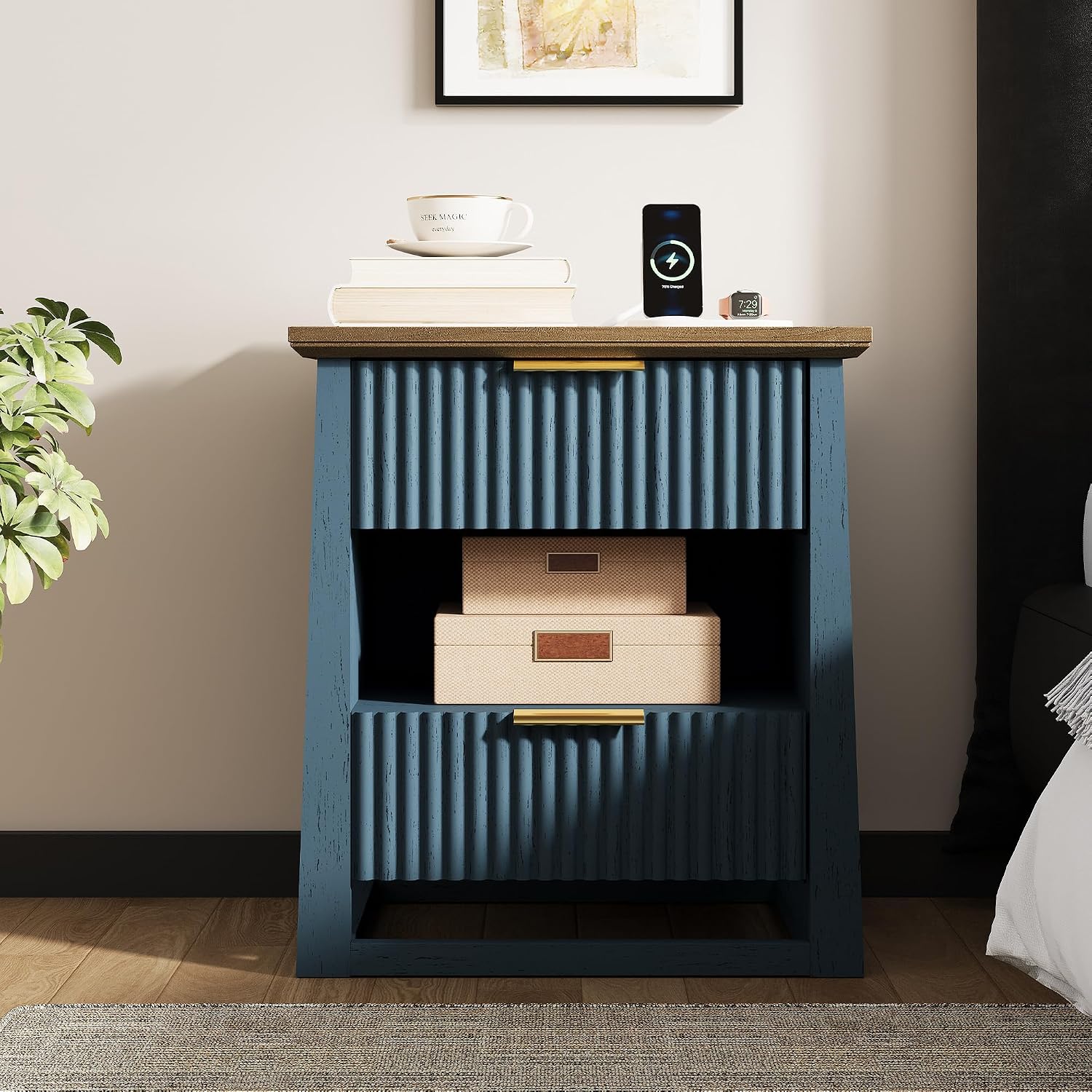 HIFYOBRO Fluted End Table Set of 2 with Charging Station and Motion Sensor Light, Modern Blue Side Tables with 2 Drawers and Storage Shelf for Living Room, Bedroom, Guest Room