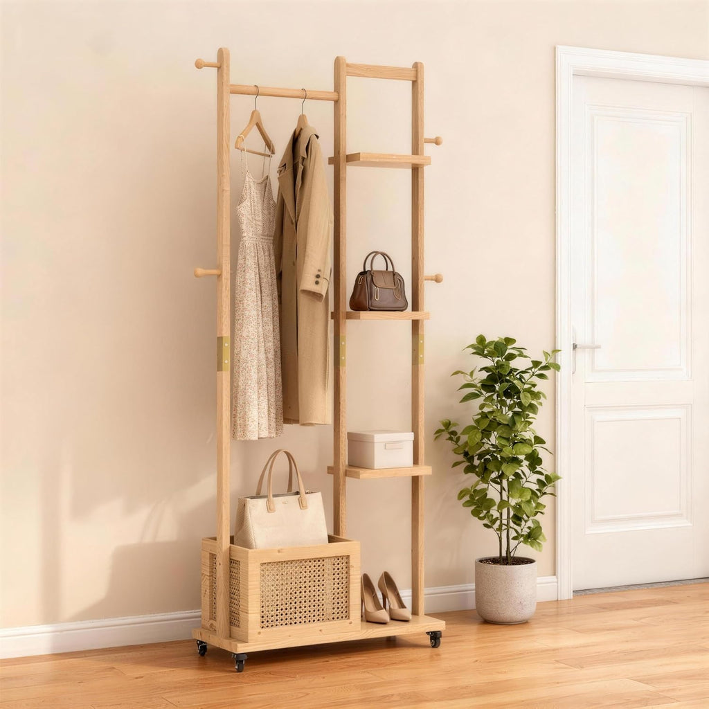 High-Grade Rubber Wood Coat Rack, Easy To Assemble, with Four Partitions, Storage Baskets, Four Side Hooks, Mobile Rollers, Multifunctional Coat Rack Suitable for Bedroom, Living Room, Entrance Office