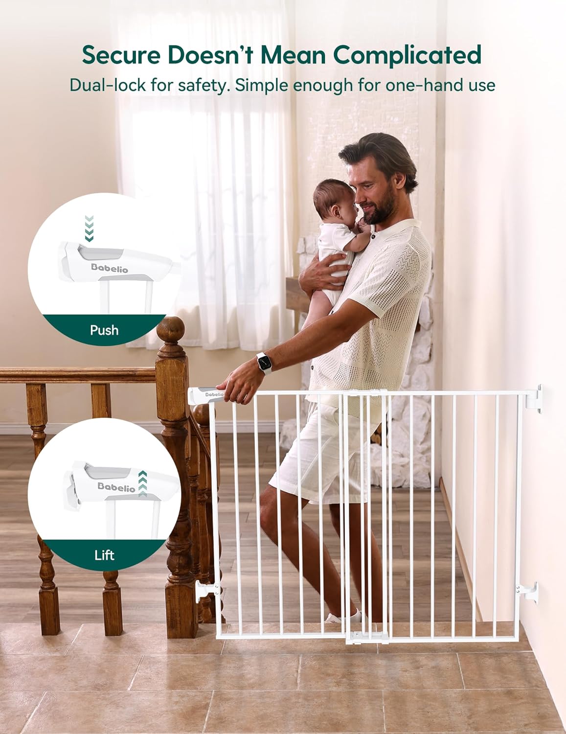 Babelio Baby Gate for Stairs, Kitchen & Doorways, No Bottom Bar| Easy Installation| One-Handed Operation| Auto-Close| Hardware Mount (Drill Needed) Safety Dog Gate (White - 2 Pcs, 26-43' W, 28' H)