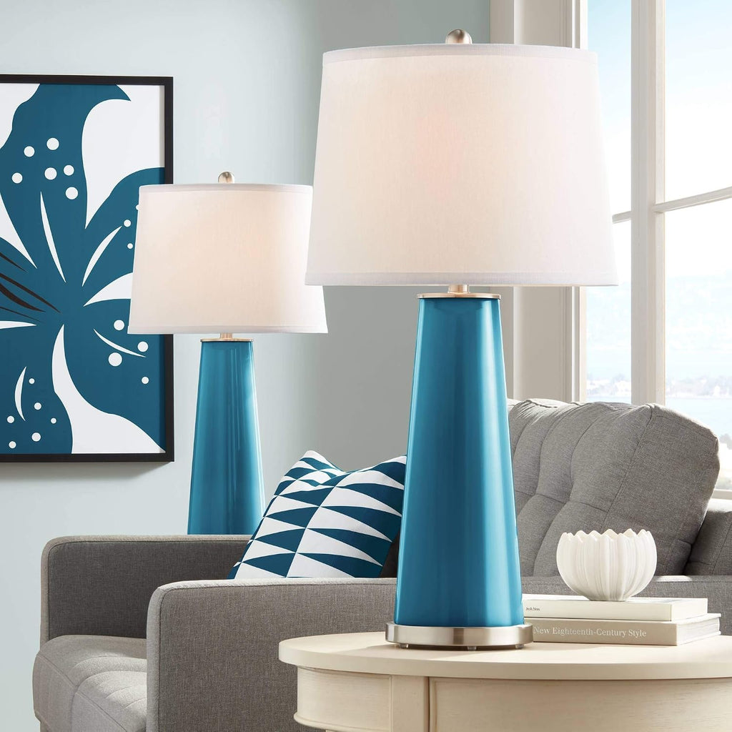 Color + Plus Leo 29 1/2' Tall Cylinder Modern Coastal End Table Lamps Set of 2 Oceanside Blue Brushed Nickel Finish Glass White Shade Living Room Bedroom Bedside Nightstand House Office Home Reading