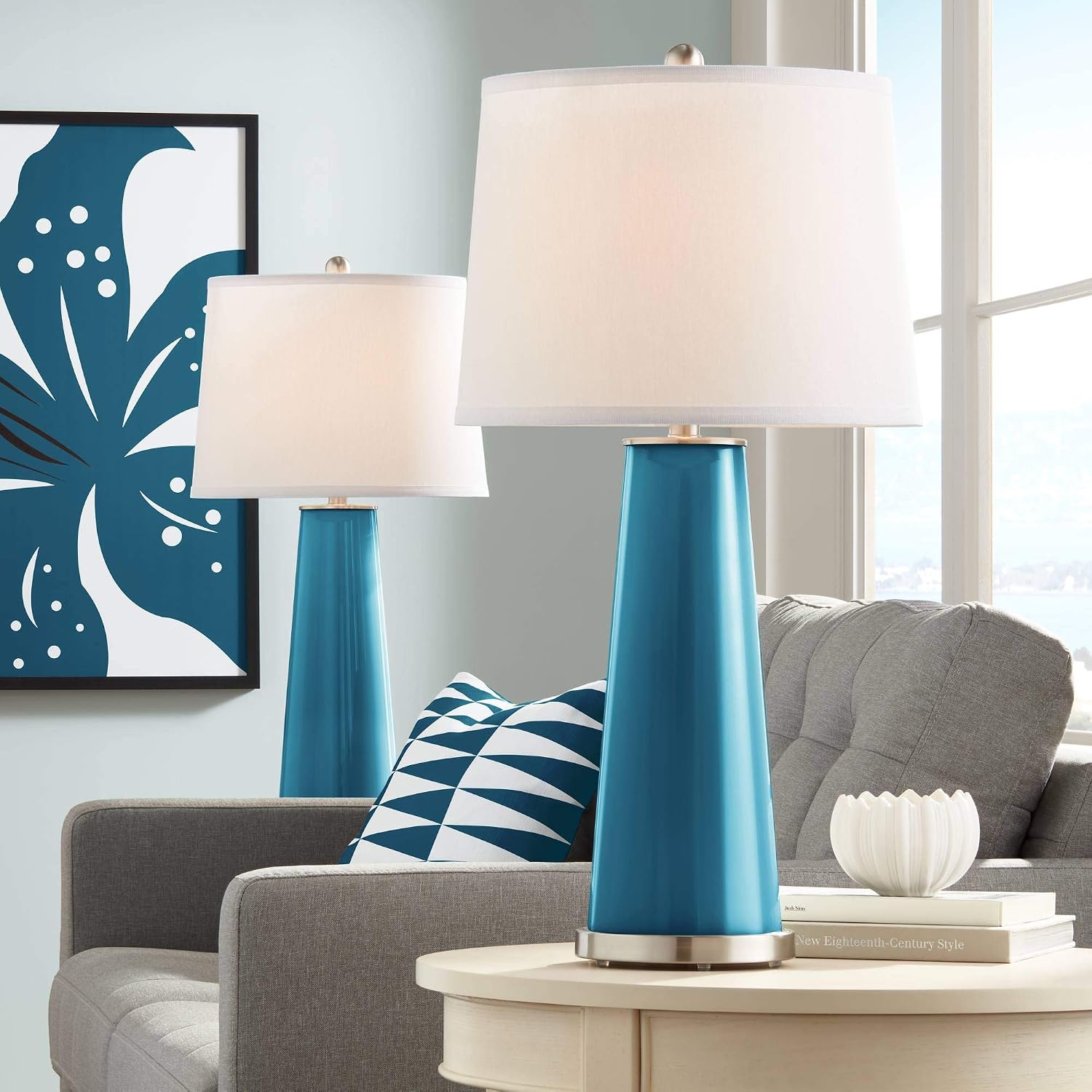 Color + Plus Leo 29 1/2' Tall Cylinder Modern Coastal End Table Lamps Set of 2 Oceanside Blue Brushed Nickel Finish Glass White Shade Living Room Bedroom Bedside Nightstand House Office Home Reading