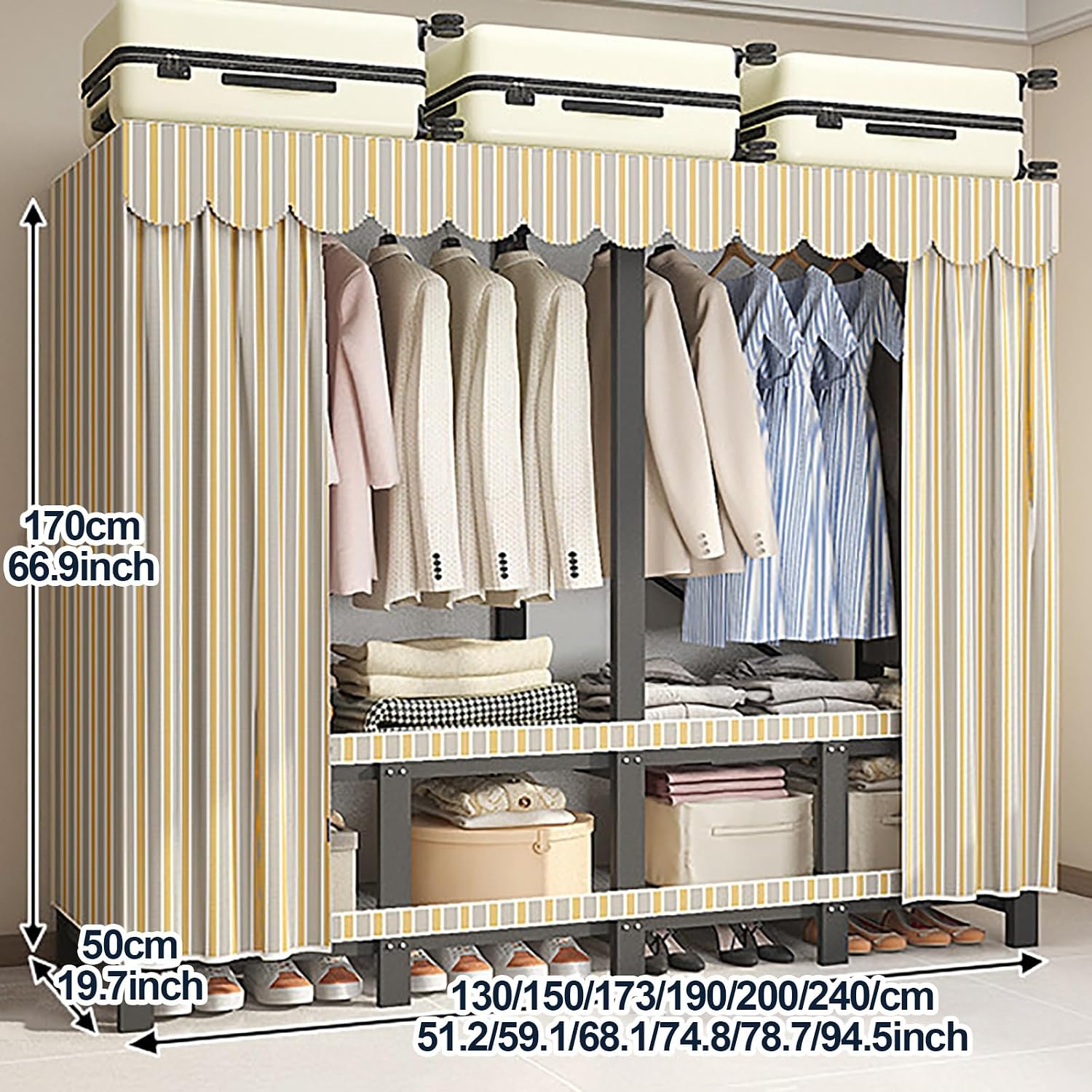 Wardrobe Closet For Hanging Clothes Portable Clothing Rack With Cover 1200Ibs Foldable Black Steel Frame Metal Coat Storage Garment Racks For Hanging Clothes(A,130cm/51.2inch)