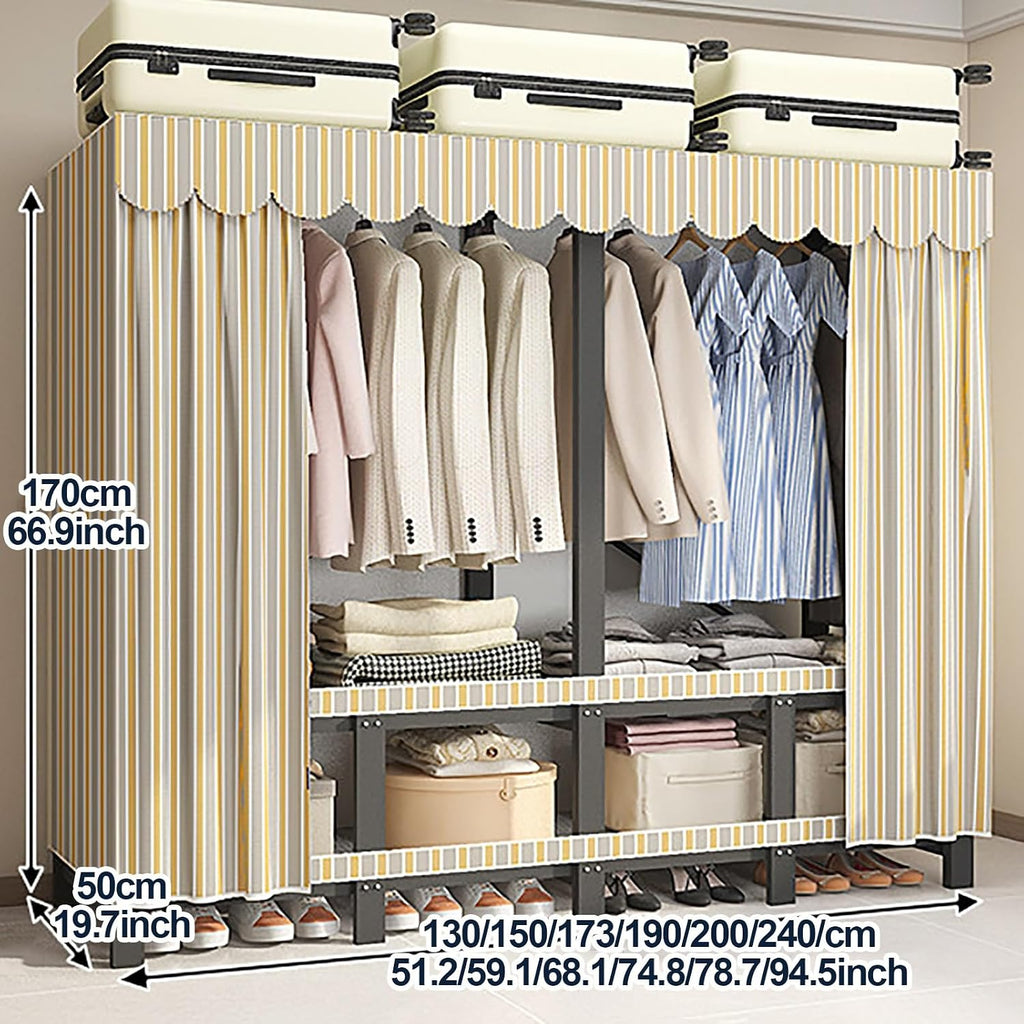 Wardrobe Closet For Hanging Clothes Portable Clothing Rack With Cover 1200Ibs Foldable Black Steel Frame Metal Coat Storage Garment Racks For Hanging Clothes(A,150cm/59.1inch)