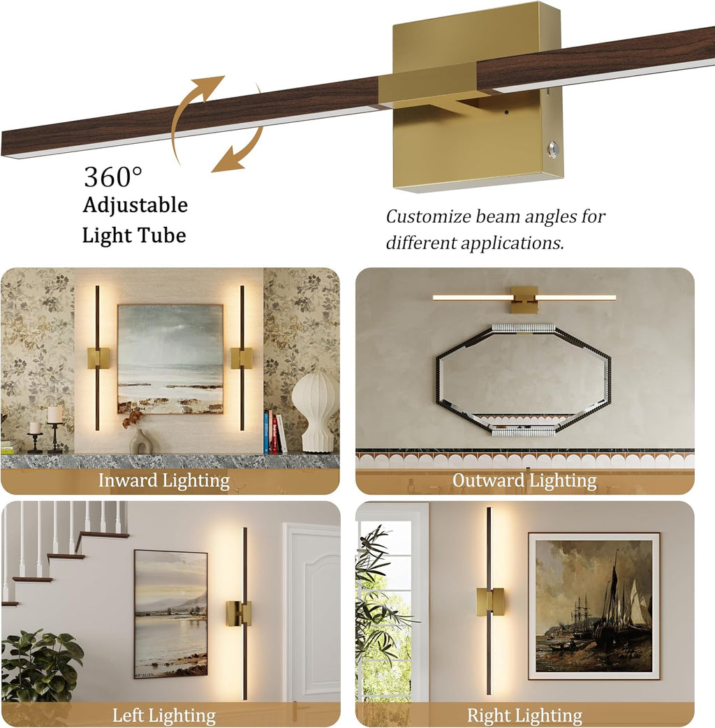 Rayogale Gold Walnut Rechargeable Wall Sconce with Remote Control 36 Inch | 3000/4500/6000K Dimmable 8000mAh Wireless Battery Operated Wall Sconces Set of Two with Timer for Living Room, Bedroom, TV