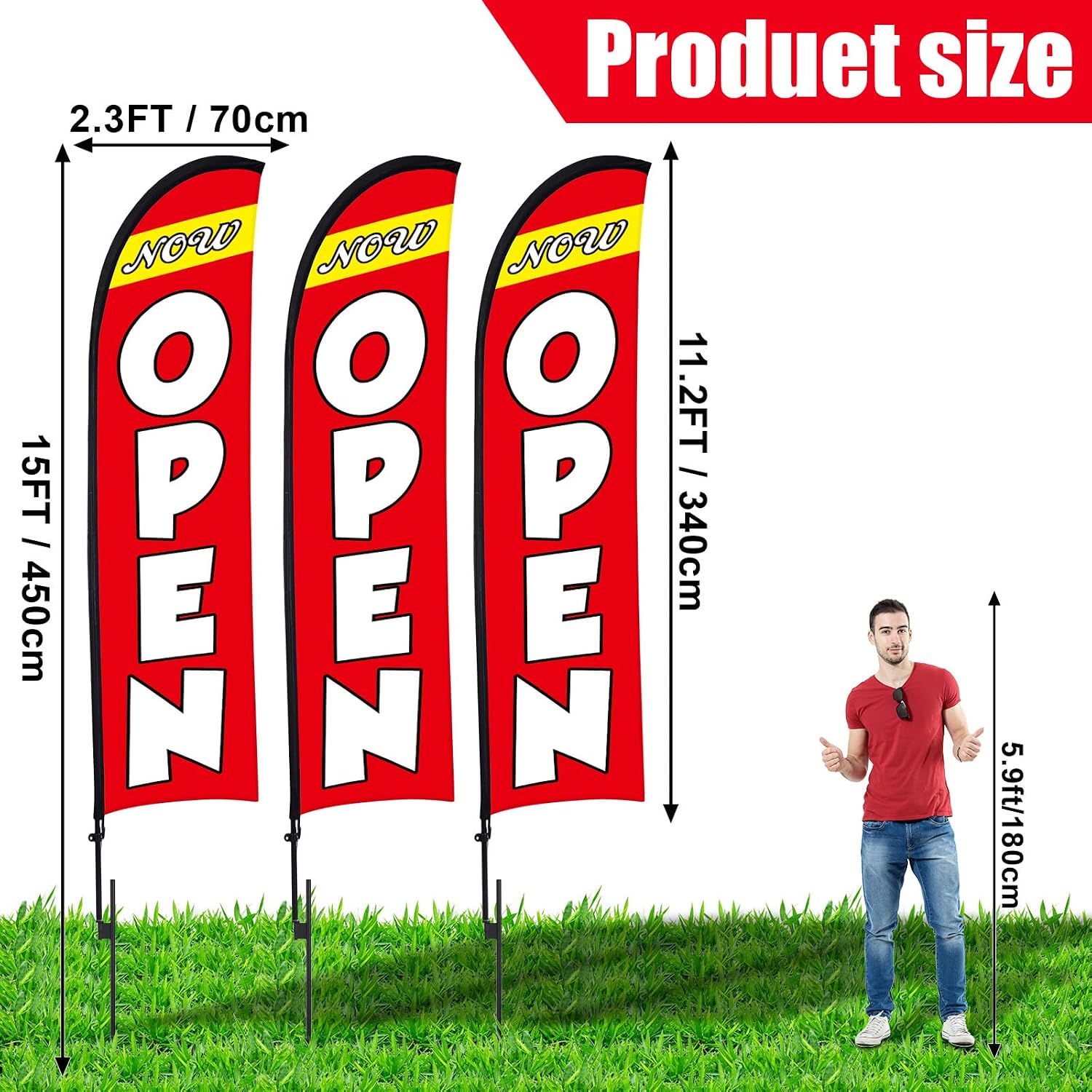 Buryeah 3 Sets Now Open Feather Flag Pole Kit 15 ft for Business Advertising Open Flag Banner Sign with Pole Kit Ground Stake and Portable Bag for Outside Ground