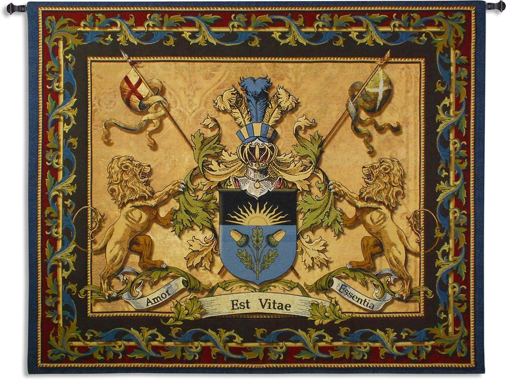 Love Strength Courage | Woven Tapestry Wall Art Hanging | Coat of Arms ??Amor Est Vitae Essentia? | 100% Cotton USA Size 64x53
