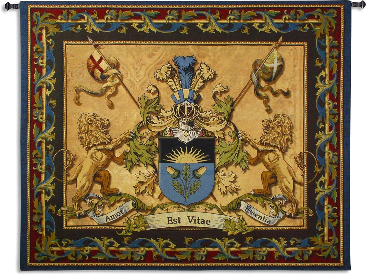Love Strength Courage | Woven Tapestry Wall Art Hanging | Coat of Arms ??Amor Est Vitae Essentia? | 100% Cotton USA Size 64x53