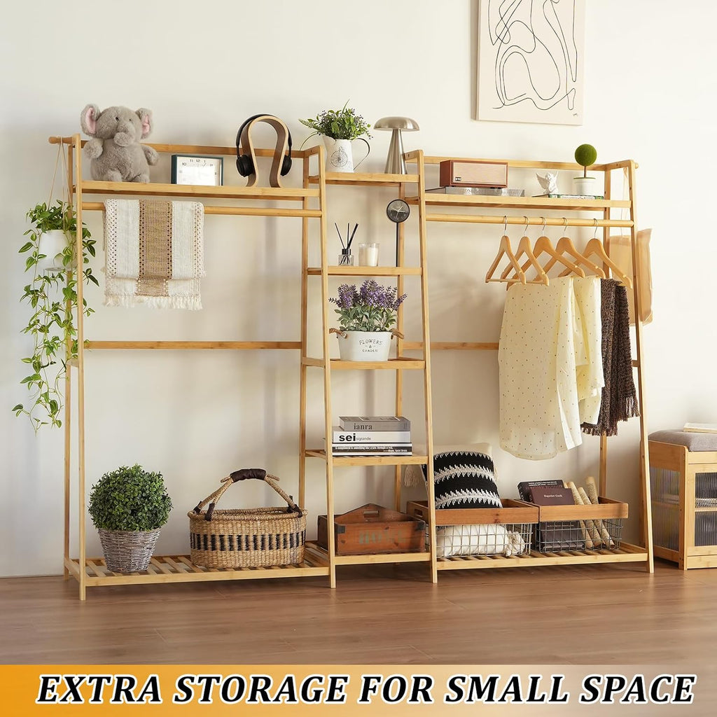 Baveke Bamboo Garment Rack 9 Tier Storage Shelf Coat Clothes Hanging Rack, Portable Wardrobe Closet Organizer With Top Shelf, Shoe Storage Shelves for Bedroom, Natural, FSC-Certified Bamboo