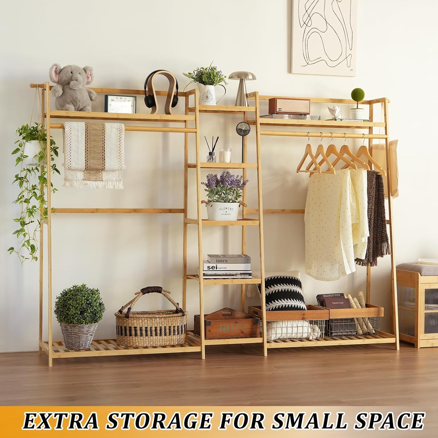 Baveke Bamboo Garment Rack 9 Tier Storage Shelf Coat Clothes Hanging Rack, Portable Wardrobe Closet Organizer With Top Shelf, Shoe Storage Shelves for Bedroom, Natural, FSC-Certified Bamboo