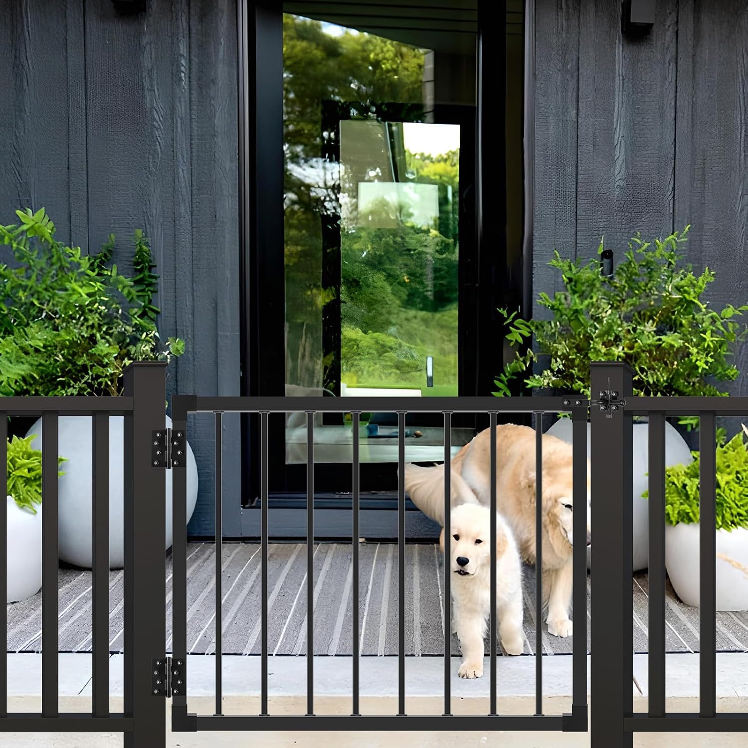 Deck Fence Gate Outdoor, 38″ Gate for 42″ Deck, Black Heavy Duty Steel Anti-Rust Door with Cuttable Width (Up to 48'), Metal Gate for Residential, Yard, Patio, with Hinges and Latch
