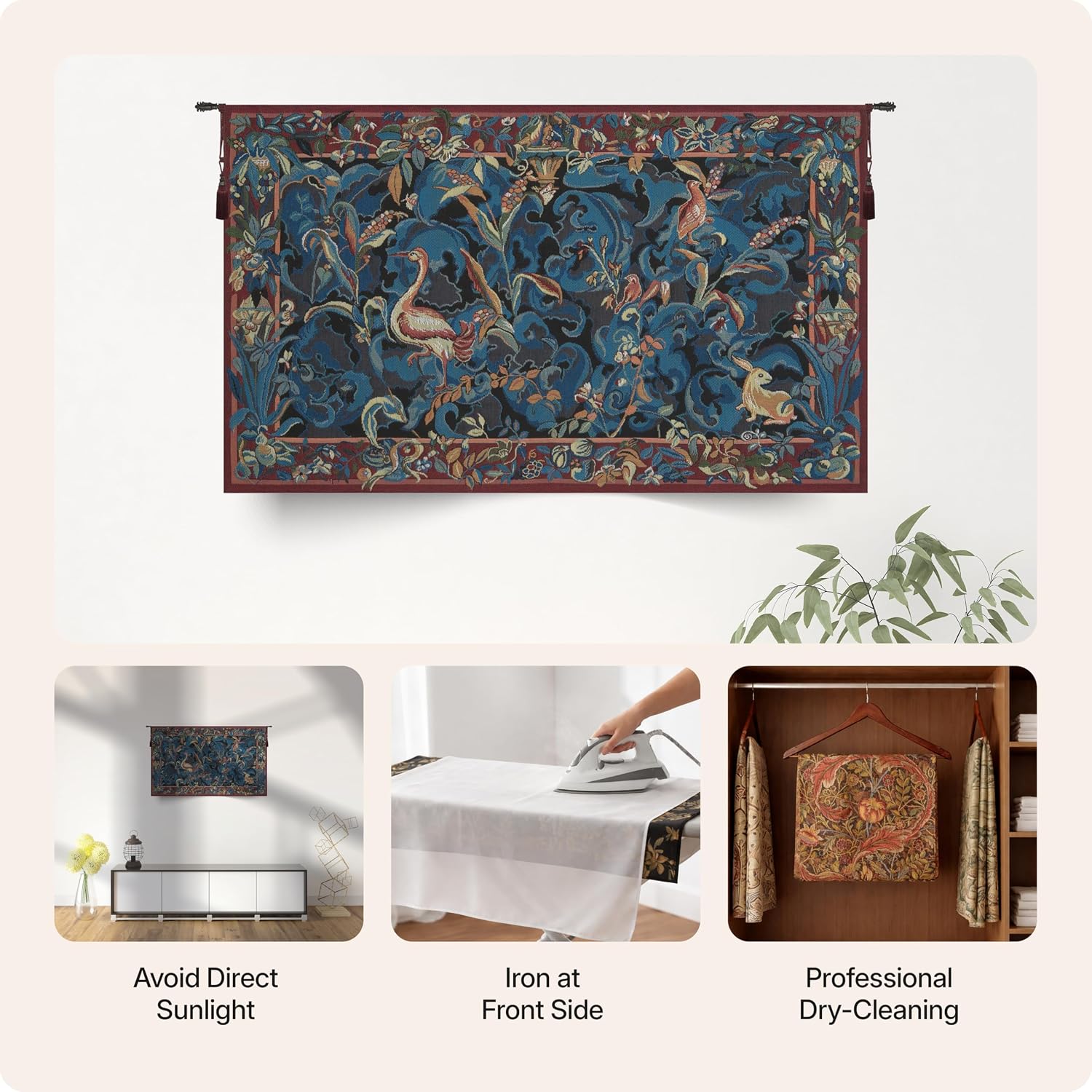Charlotte Home Furnishings Inc French Boho Tapestry Wall Hanging 19 x 31 in, Animals Aristoloches Blue Aesthetic Woven Wall Art decor for Living Room Home Decor, European Cotton Jacquard Woven