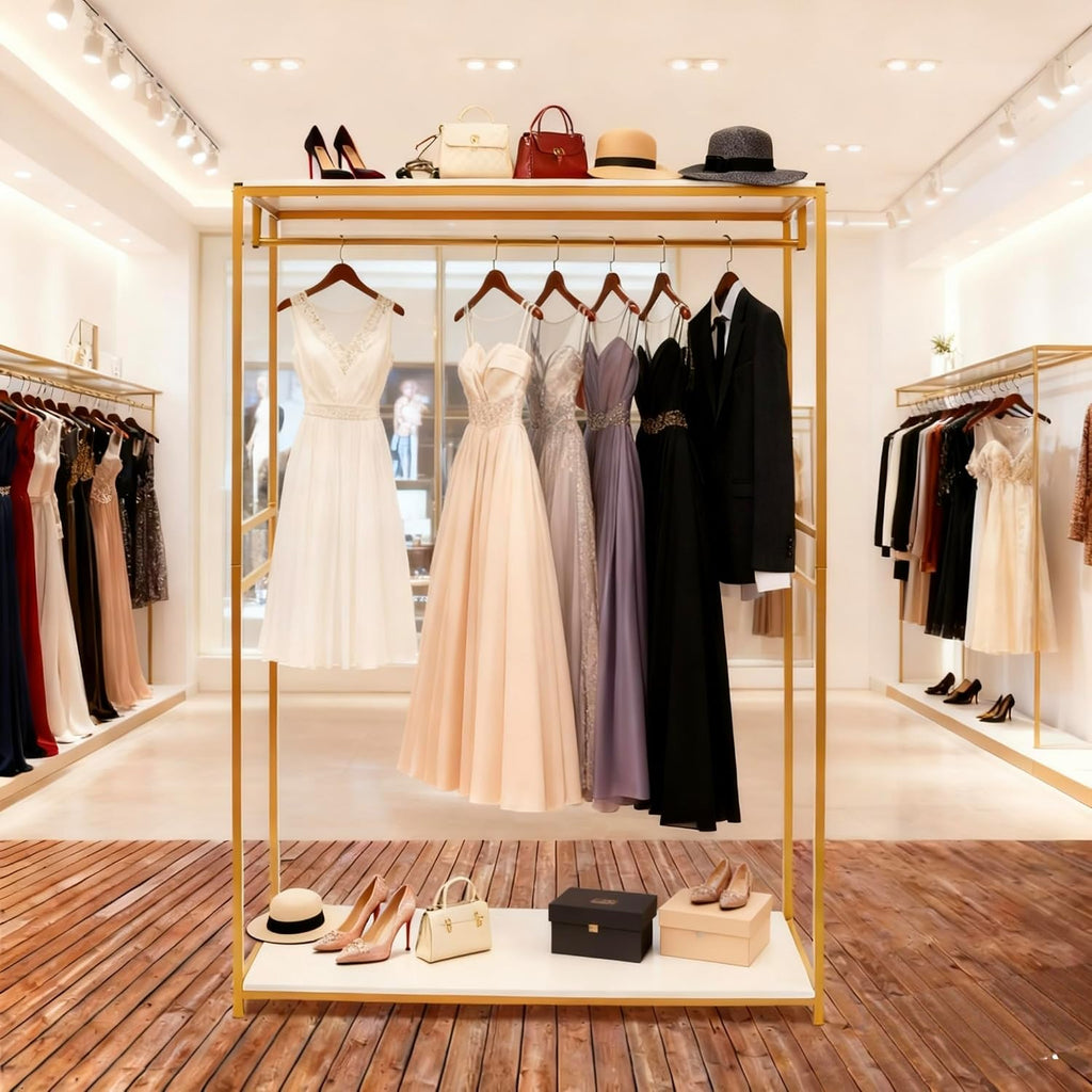 75' Tall Gold Clothing Garment Rack Boutique Retail Display Stand | W/ 2 Wood Shelf Clothes Wedding Dressr Racks for Hanging Long Dresses, Closet Wardrobe Shoes Bags Hats Clothes Organizer