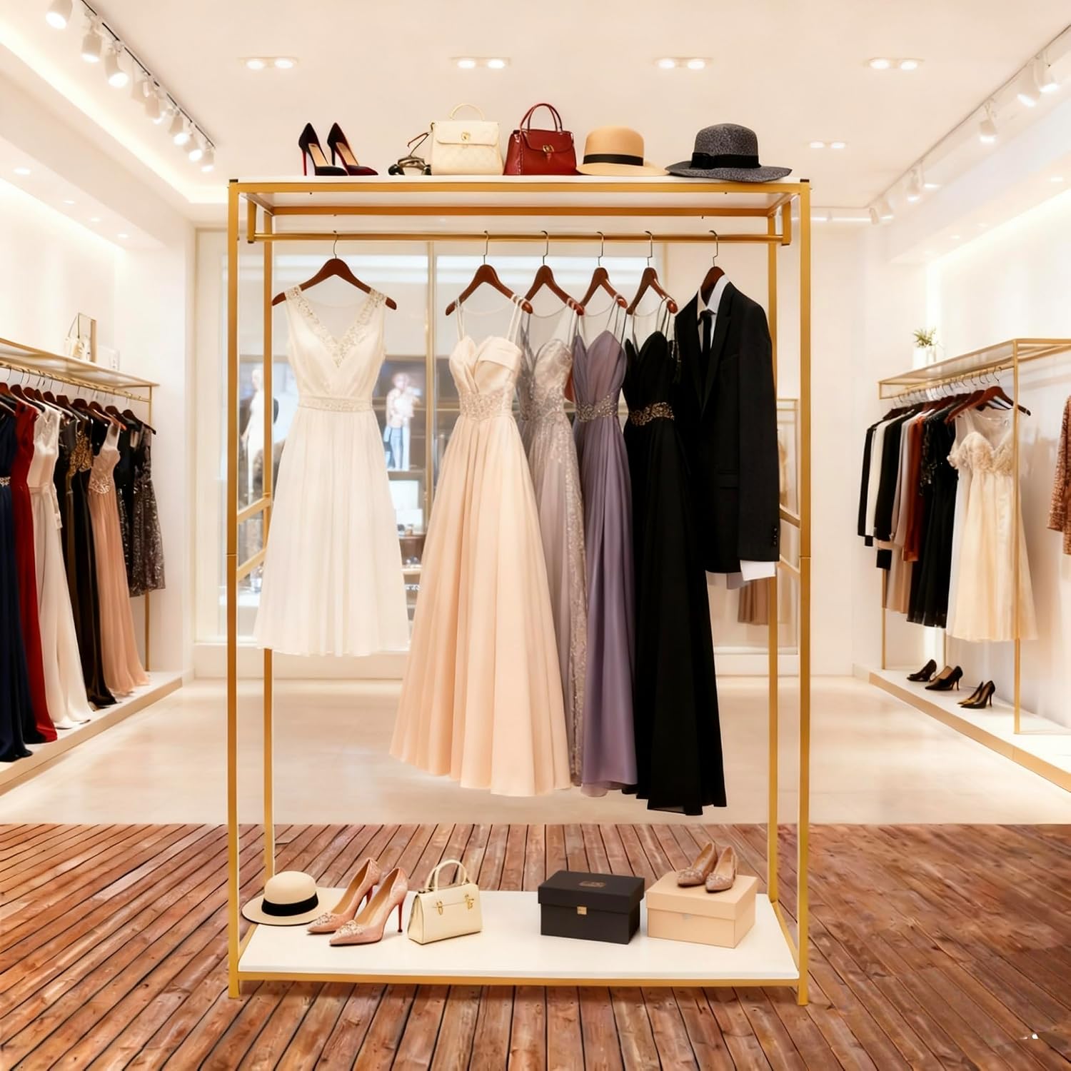 75' Tall Gold Clothing Garment Rack Boutique Retail Display Stand | W/ 2 Wood Shelf Clothes Wedding Dressr Racks for Hanging Long Dresses, Closet Wardrobe Shoes Bags Hats Clothes Organizer