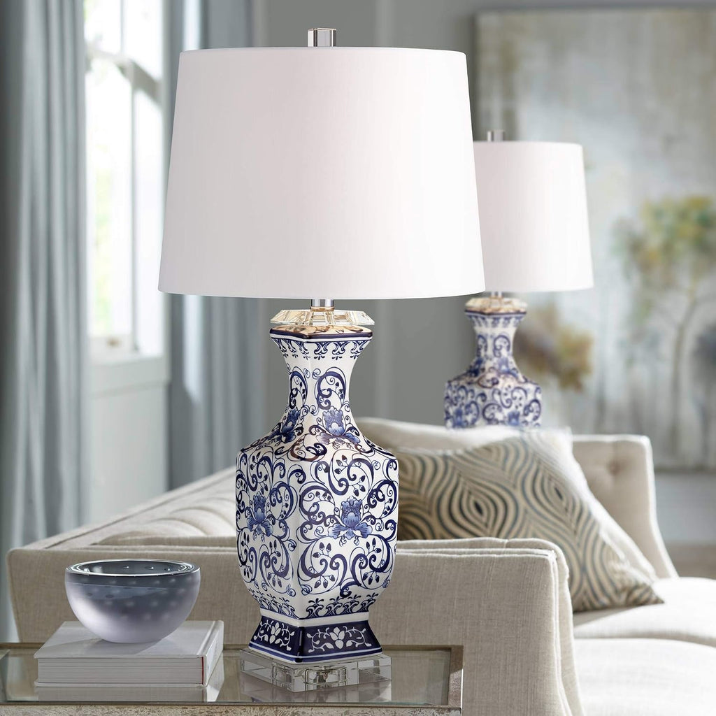 Barnes and Ivy Iris Asian Chinese Jar Style Table Lamps 28' Tall Set of 2 Blue Porcelain Crystal Geneva White Fabric Drum Shade Decor for Living Room Bedroom House Bedside Nightstand Home