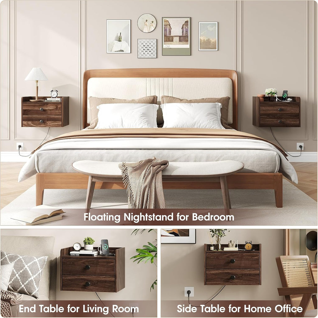 Floating Nightstand Set of 2 with 2 Storage Drawers and Charging Station Wood Wall Mounted Bedside End Table Modern Night Stands Set 2 for Bedroom,Small Space,Brown Walnut