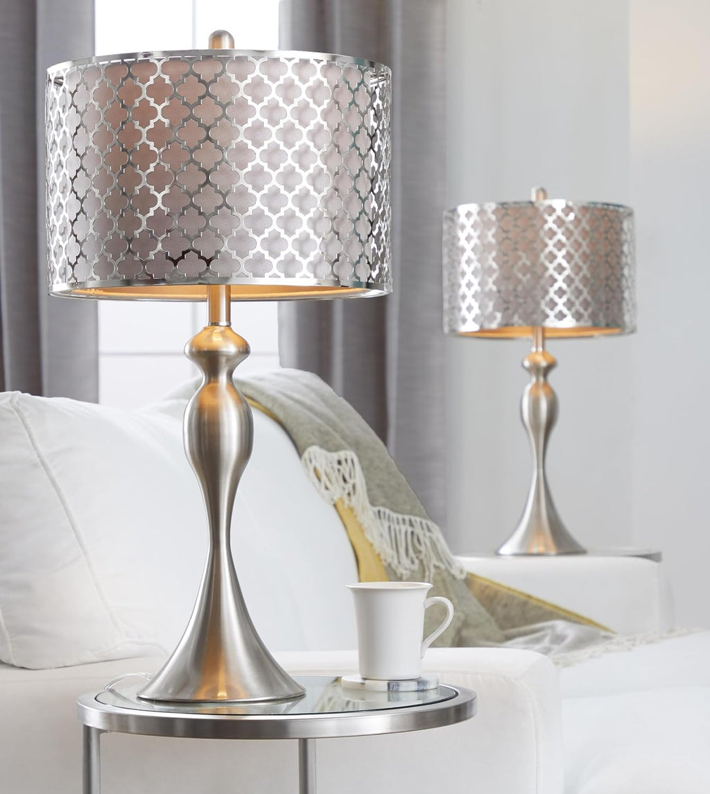 Ashland 27' Metal Table Lamps Set of 2, Desk Lamp, Bedside Lamps for Night Stands, Nightstand Lamp, Small Lamp, Small Table Lamps for Living Room Set of 2 (Brushed Nickel, Grey Linen)