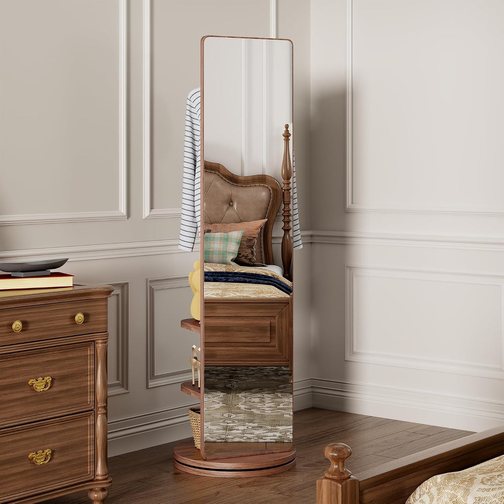 CHANCEE 360° Rotating Mirror Coat Rack, Solid Wood Standing Mirror with Storage Hooks and Shelves, Space-Saving Multifunctional Organizer for Bedroom, Living Room, or Cloakroom (Walnut)