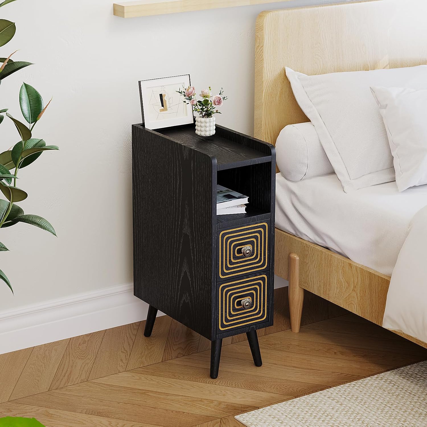 Nightstands Set of 2,Night Stand Bed Side Table with Storage Space,Wooden Bedside Table with Open Shelf,2 Drawers,End Table with Solid Wood Feet for Bedroom,College Dorm,Entryway (Black)