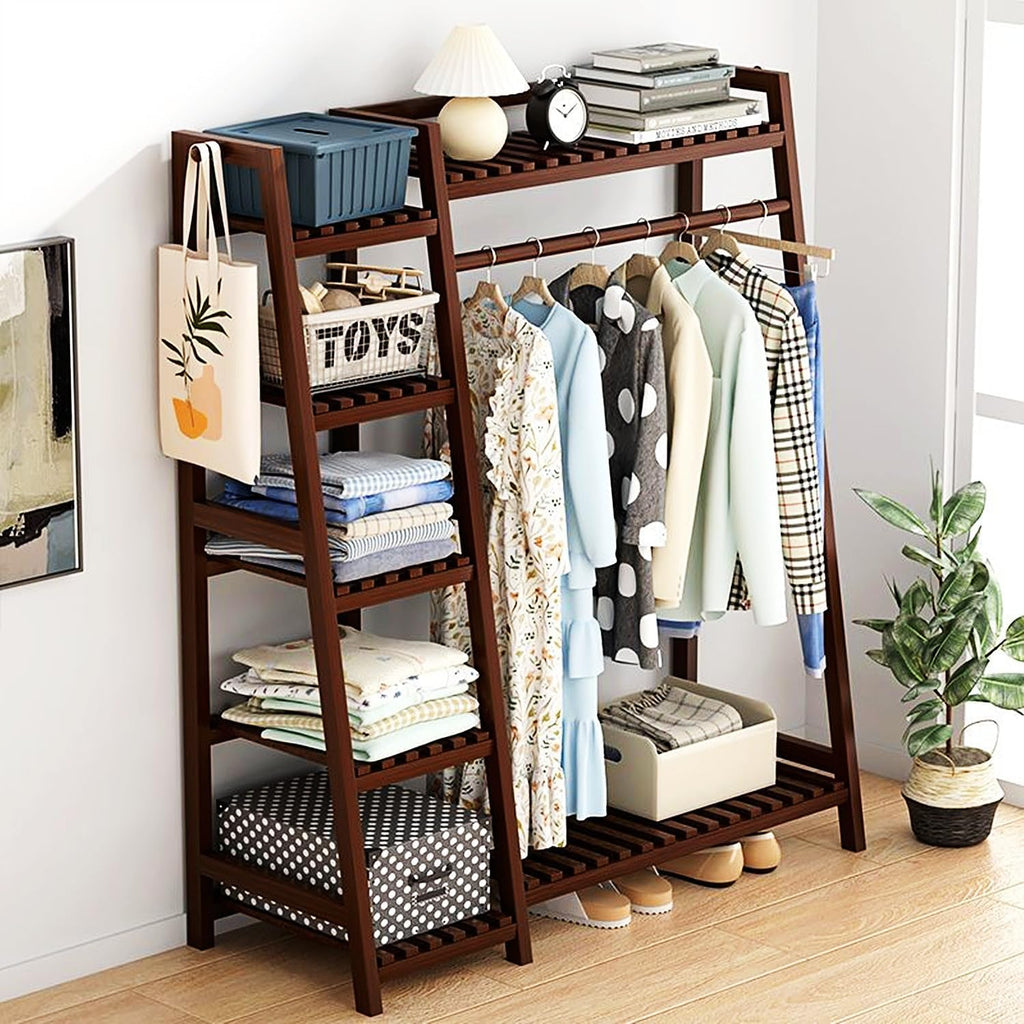 Freestanding Garment Rack for Hanging Clothes, Bamboo Clothing Rack, Walnut Clothing Rack with Shelf and Shoe Clothing Storage Organizer Shelves,Brown,80cm