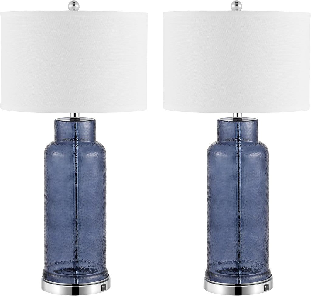 SAFAVIEH Lighting Collection Bottle Glass Blue/Cream 31-inch Table Lamp Set of 2 with USB Charging Port (LED Bulbs Included)