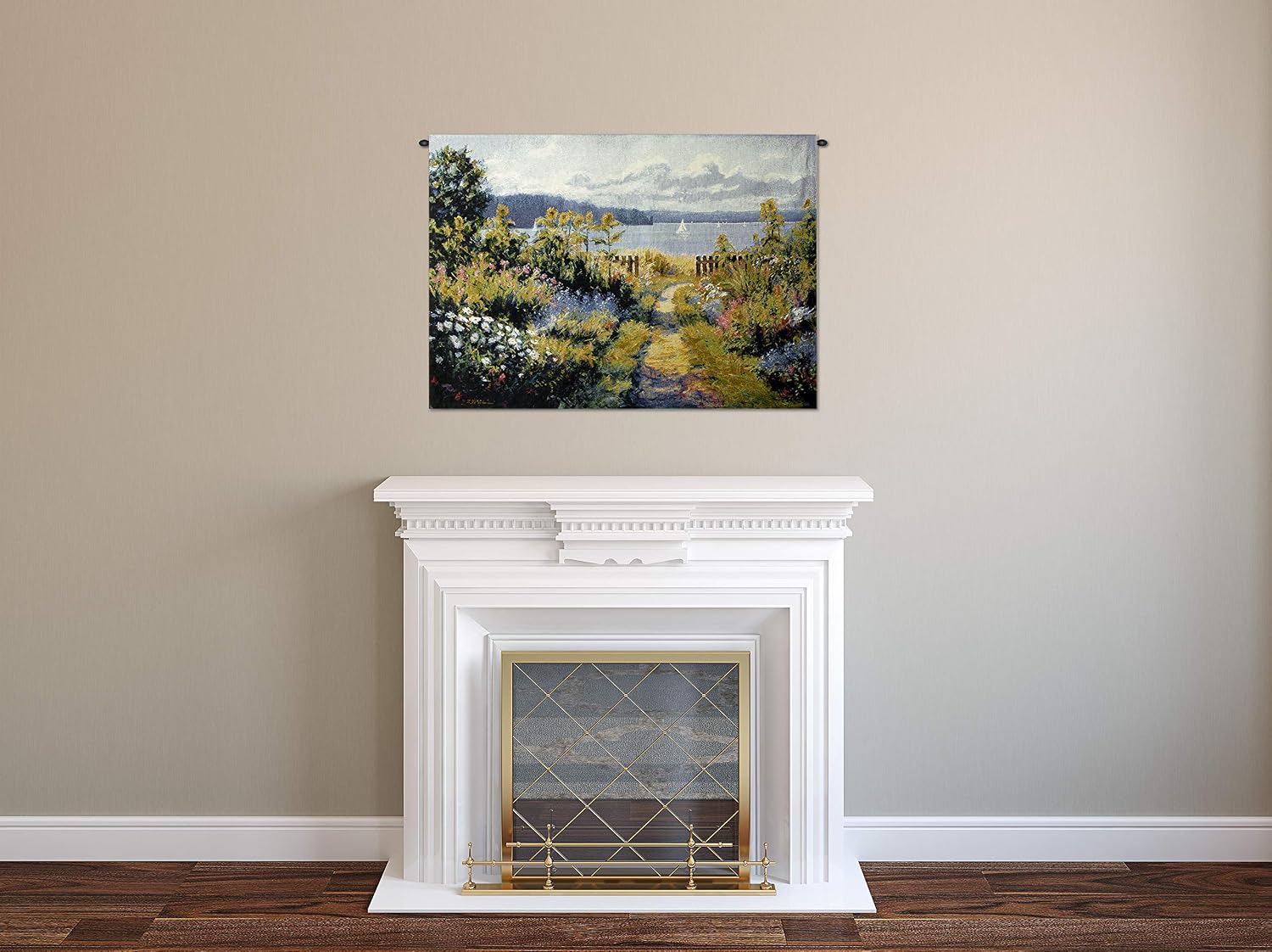 Garden View by Bruce F. McAdam | Woven Tapestry Wall Art Hanging | Scenic Coastal View from Lush Garden | 100% Cotton USA Size 53x38