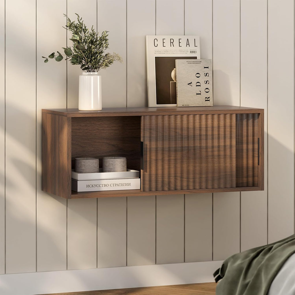 EYYTHUNG Large Floating TV Stands Set of 2, Modern Fluted Nightstands Wall Mounted Bedside Table Storage Cabinet with Sliding Doors for Living Room, Bedroom, Brown