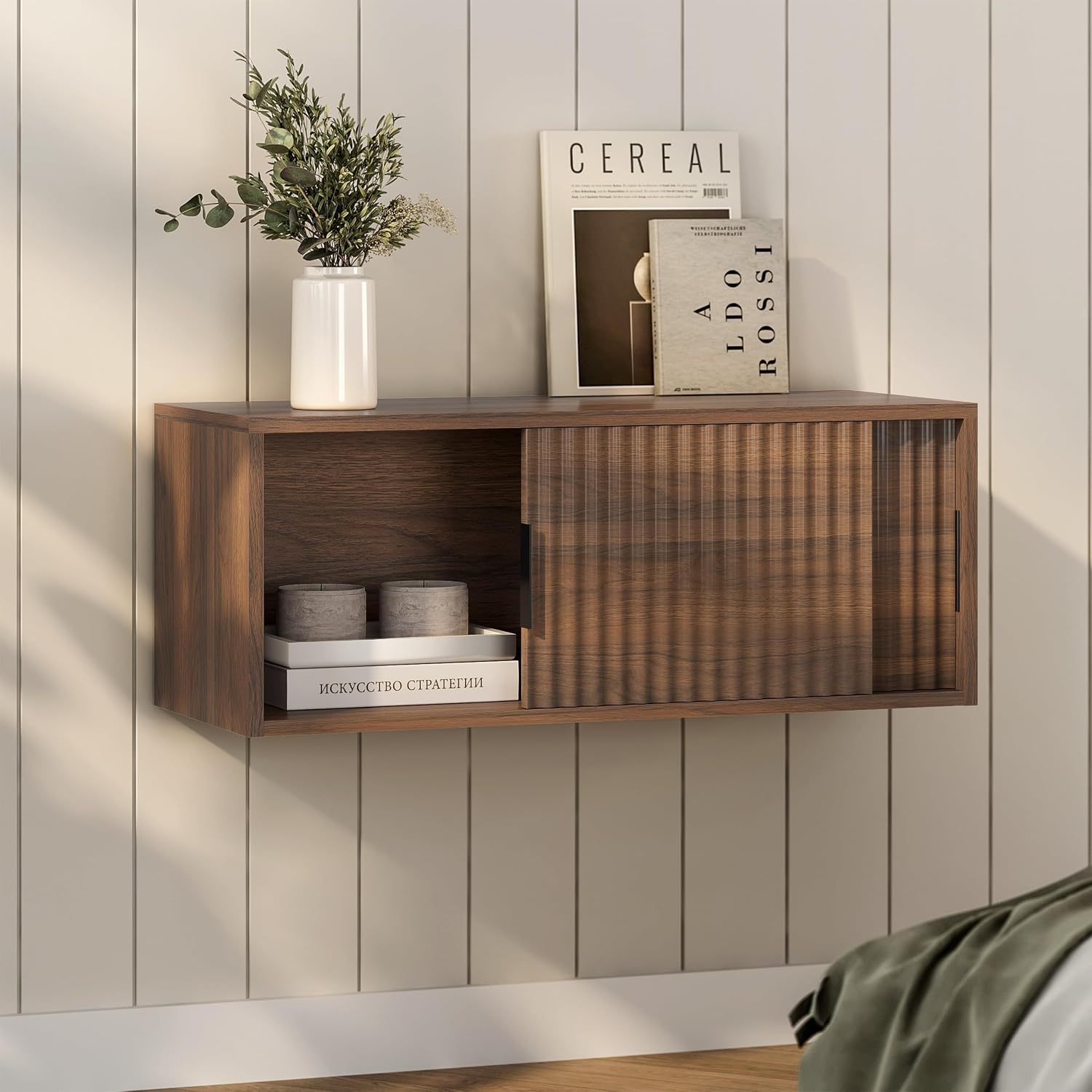 EYYTHUNG Floating Nightstand with Sliding Doors, Modern Fluted Large Night Stand Storage Shelf Wall Mounted Bedside Tables for Bedroom, Brown