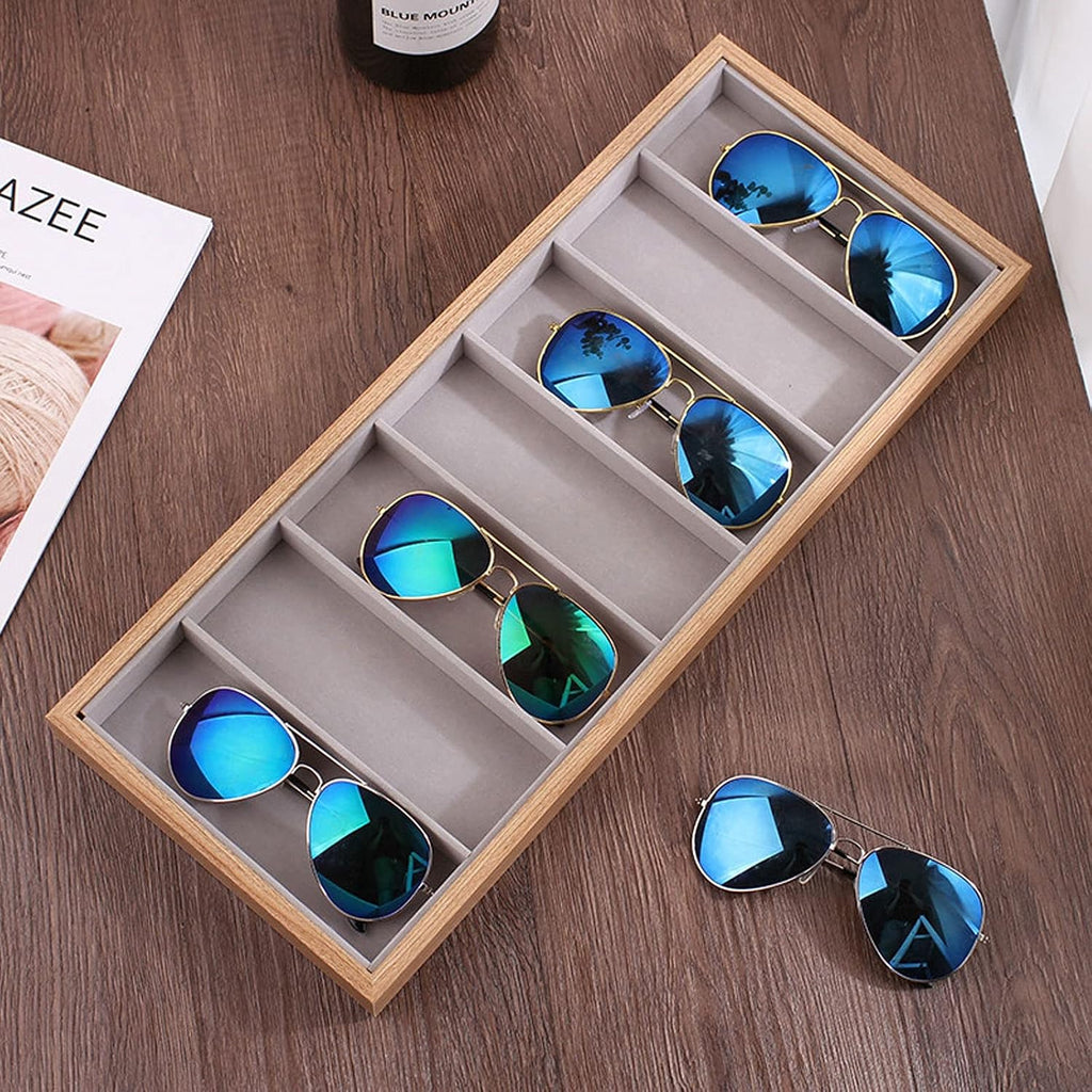 Eyeglass Displays Multi-Slot Wooden 7/12/18 Compartment Eyewear Storage Organizer Box/Open Top Suede Inside Sunglasses Display Case Display Risers(S)