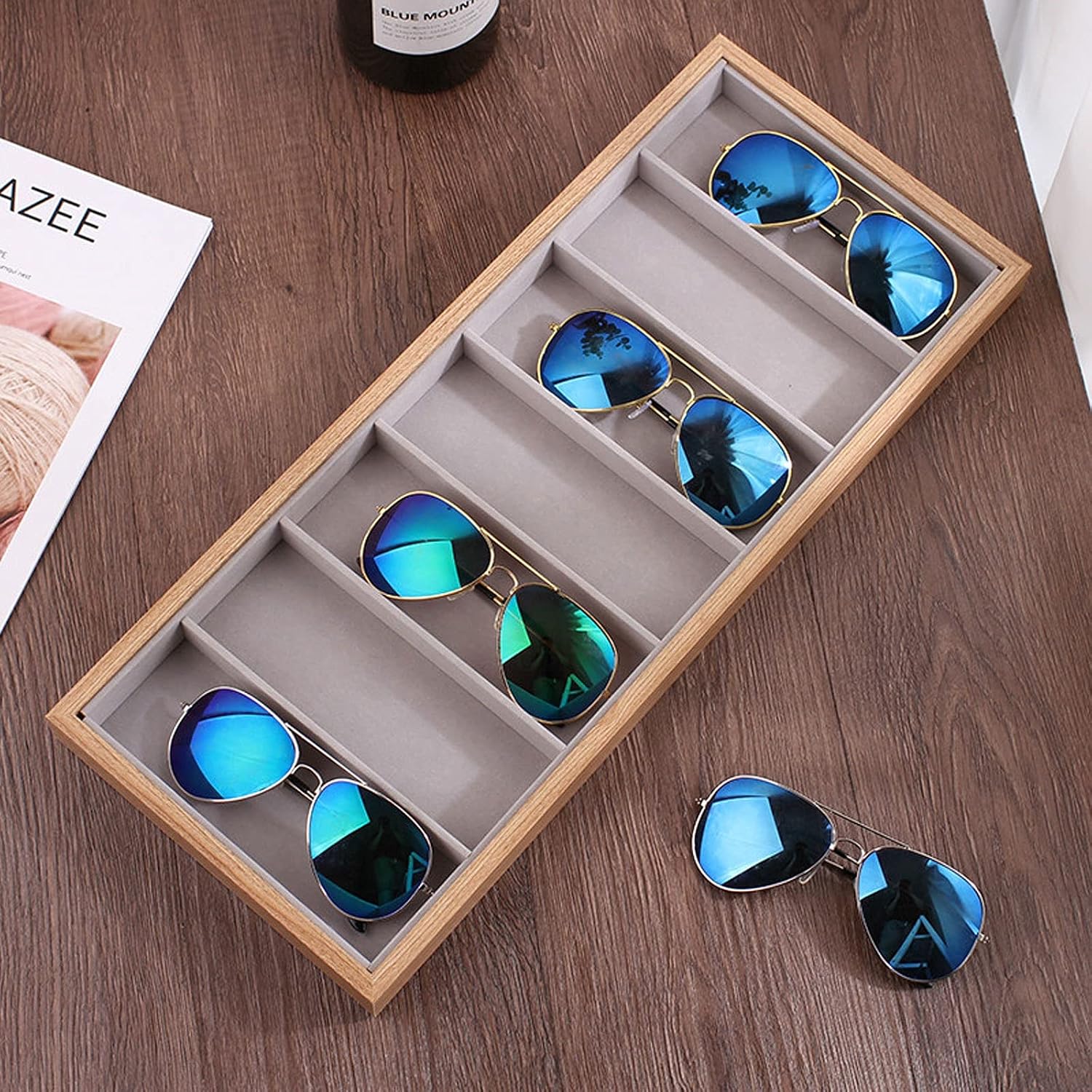 Eyeglass Displays Multi-Slot Wooden 7/12/18 Compartment Eyewear Storage Organizer Box/Open Top Suede Inside Sunglasses Display Case Display Risers(S)