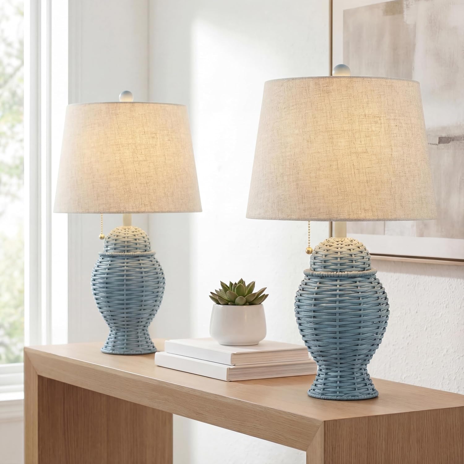 JONATHAN Y 20.5' Blue Wicker Table Lamp Set of 2, Bohemian Rustic Farmhouse Bedside Lamps for Living Room, Nightstand Desk Lamps with Beige Linen Shade, LED Bulbs Included (JYL4041B-SET2)