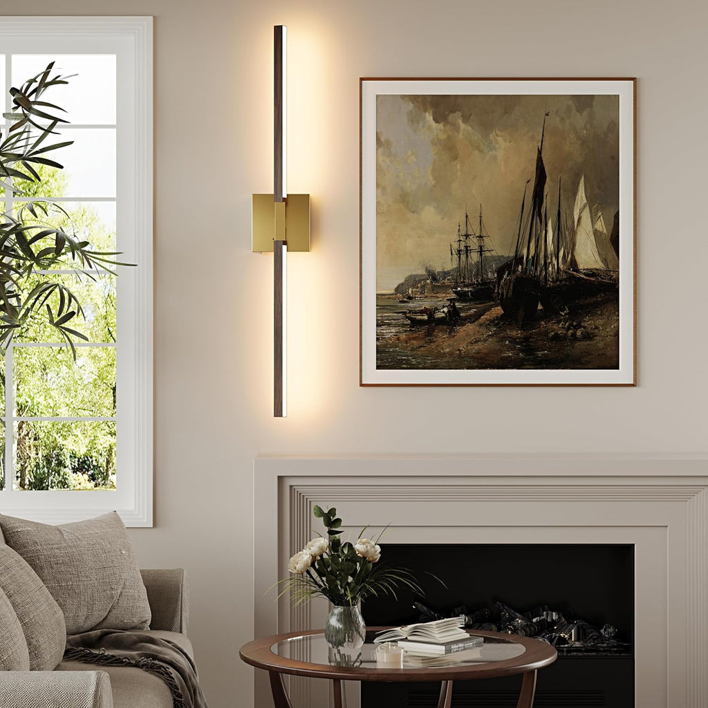 Rayogale Gold Walnut Rechargeable Wall Sconce with Remote Control 36 Inch | 3000/4500/6000K Dimmable 8000mAh Wireless Battery Operated Wall Sconces Set of Two with Timer for Living Room, Bedroom, TV