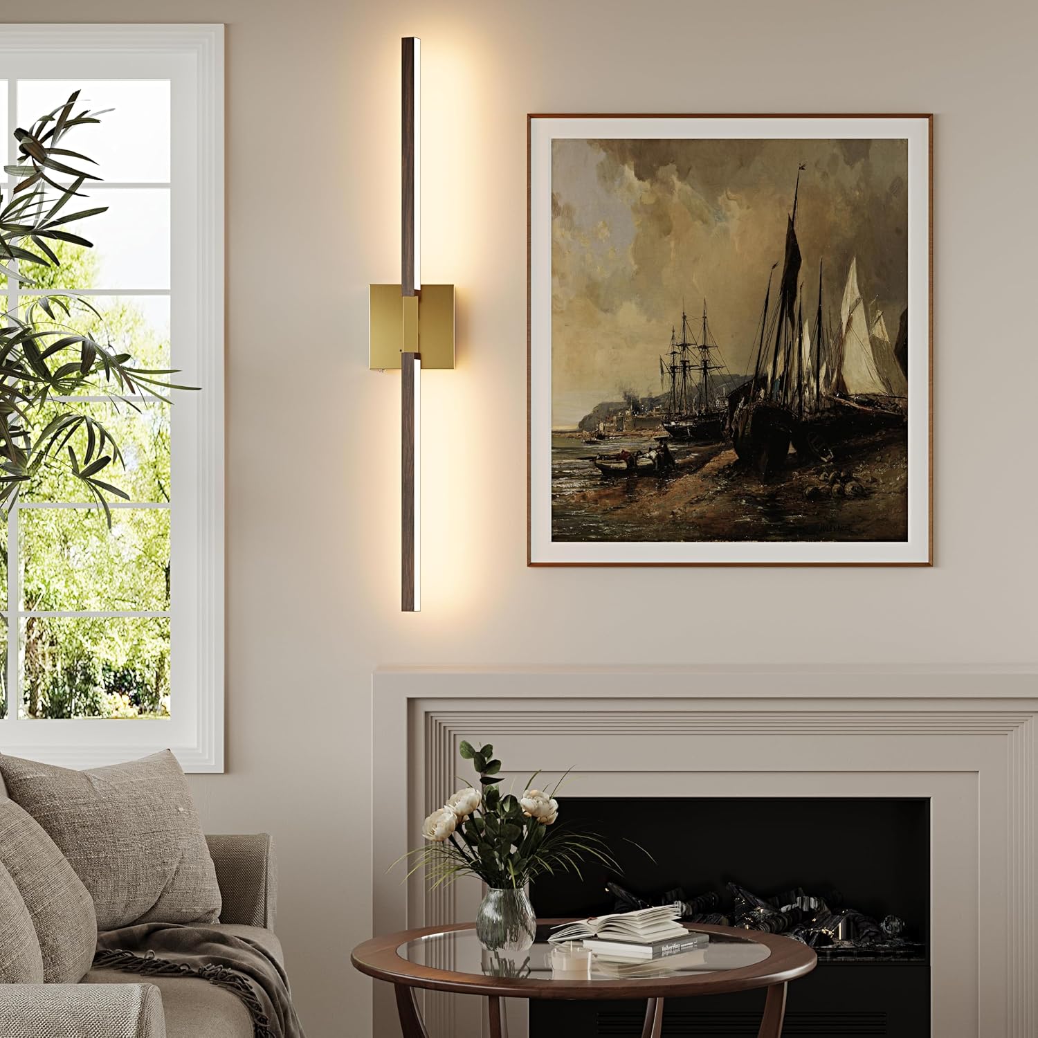 Rayogale Gold Walnut Rechargeable Wall Sconce with Remote Control 36 Inch | 3000/4500/6000K Dimmable 8000mAh Wireless Battery Operated Wall Sconces Set of Two with Timer for Living Room, Bedroom, TV