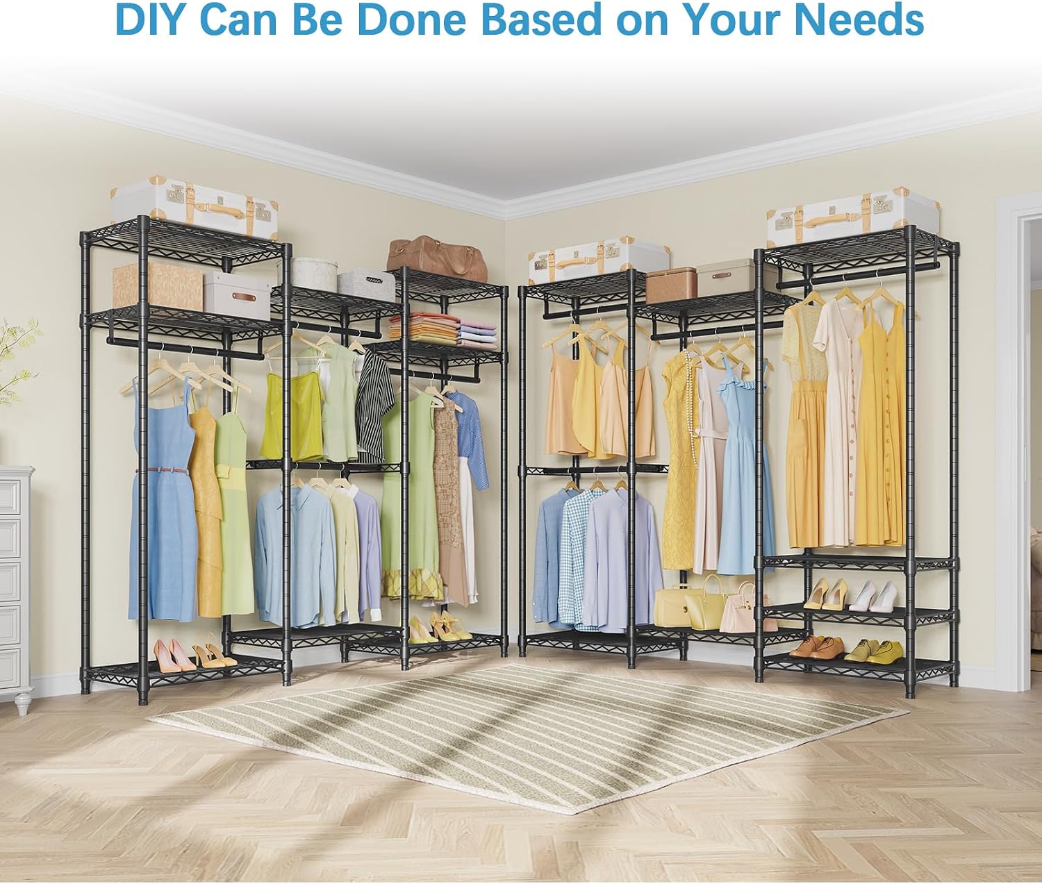 VIPEK V5i Garment Rack Bedroom Armoires Freestanding Closet Organizer, Portable Wardrobe Closet Heavy Duty Clothing Rack with 8 Adjustable Shelves & 4 Hang Rods, 56.7' Lx15.7 Wx76.4 H, Black (Medium)
