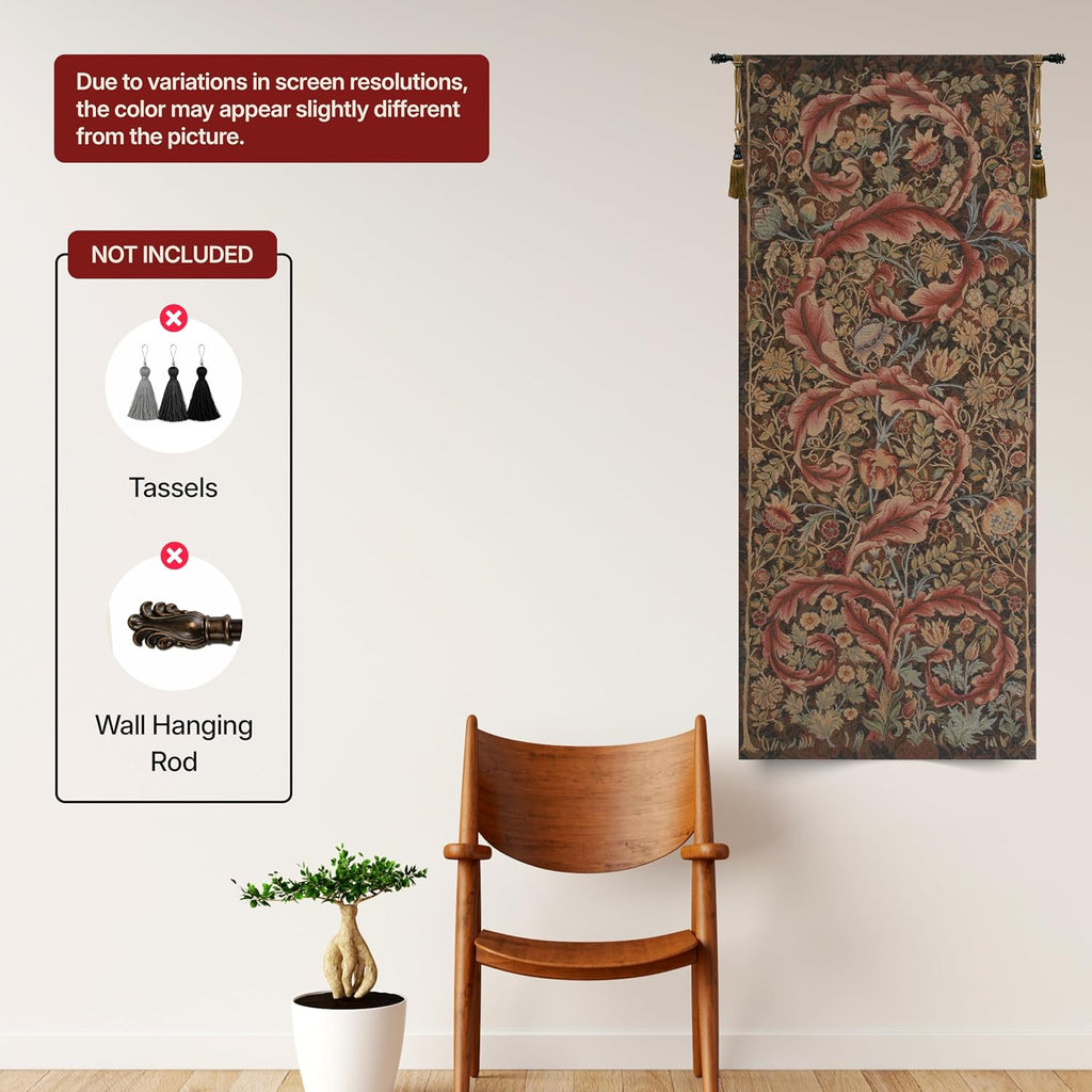 Charlotte Home Furnishings Inc French Boho Tapestry Wall Hanging 70 x 29 in, Acanthe Brown Large Aristoloches Aesthetic Woven Wall Art decor for Living Room Home Decor, European Cotton Jacquard Woven