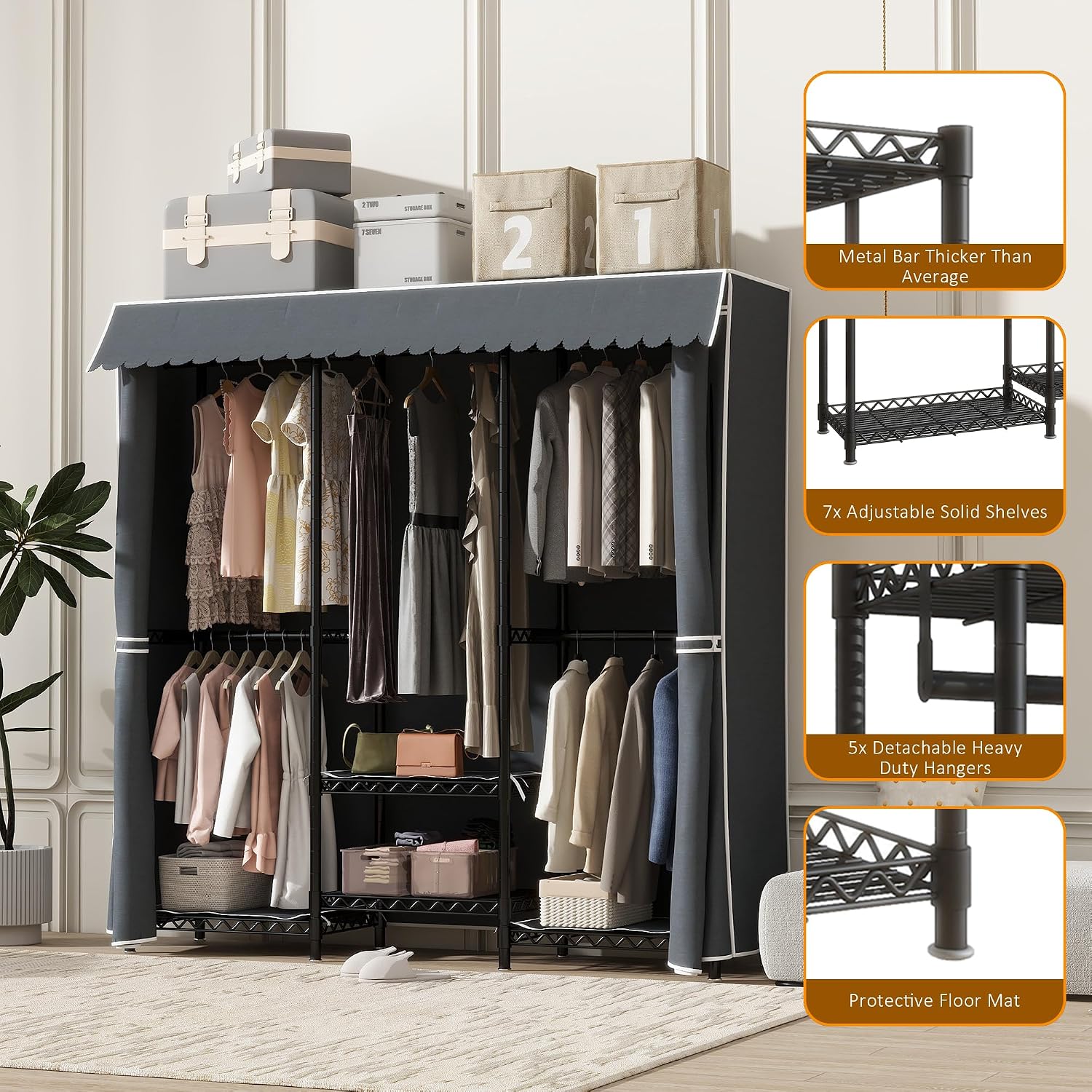 Heavy Duty Covered Clothes Rack Portable Closet Rack, Black Metal Clothing Rack with Grey Upgarded Polyester Cover, Adjustable Custom Freestanding Closet Wardrobe, Max Load 800LBS