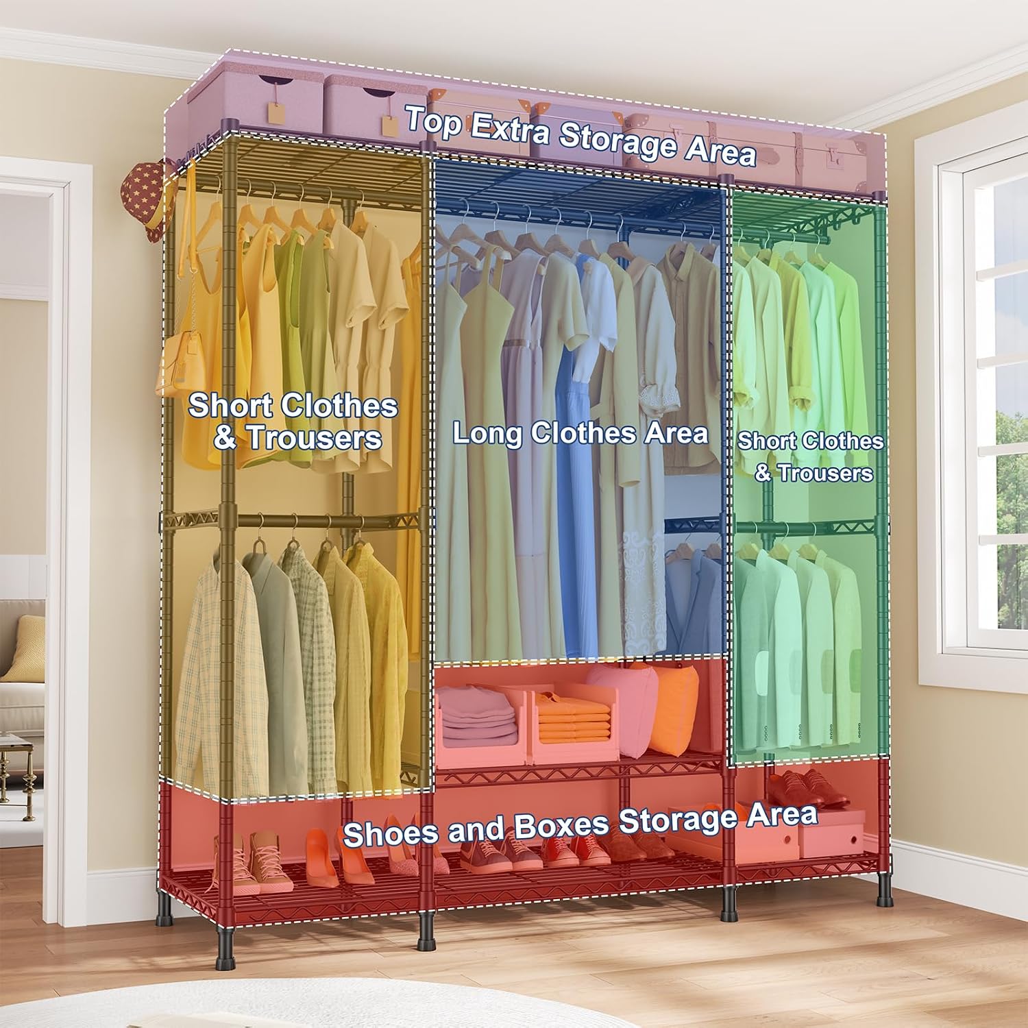 Ulif E3 Heavy Duty Garment Rack, 4 Tiers Freestanding Closet Organizer System with 5 Shelves, Metal Closet Organizer and Storage System for Clothes, Max Load 850lbs, 58.4'W x 15.7'D x 77.3'H, Black