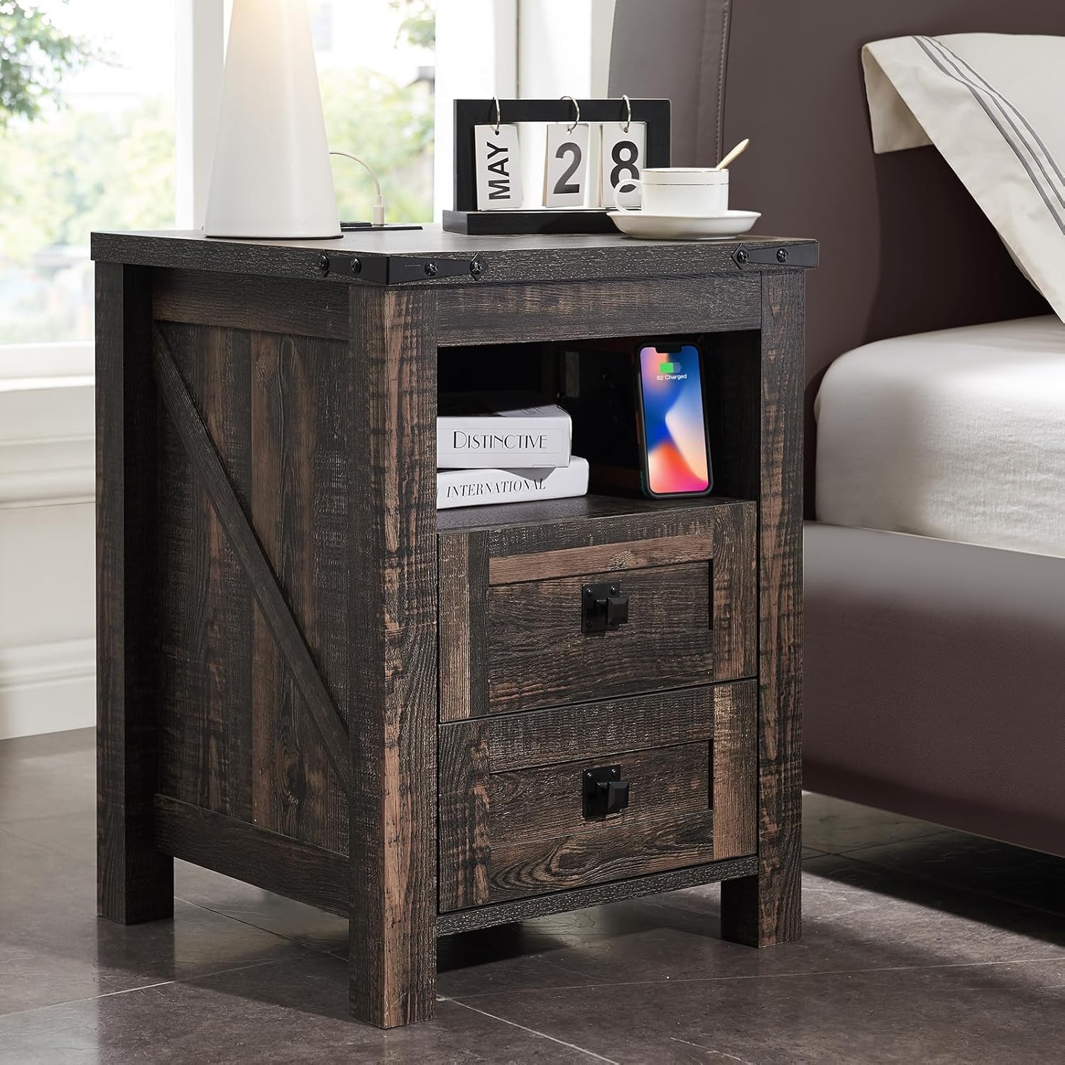T4TREAM Farmhouse Nightstand Set of 2, Rustic End Table with 2 Drawers, Charging Station, Storage Open Shelf for Bedroom, Living Room, Wood Side Table, Dark Rustic Oak