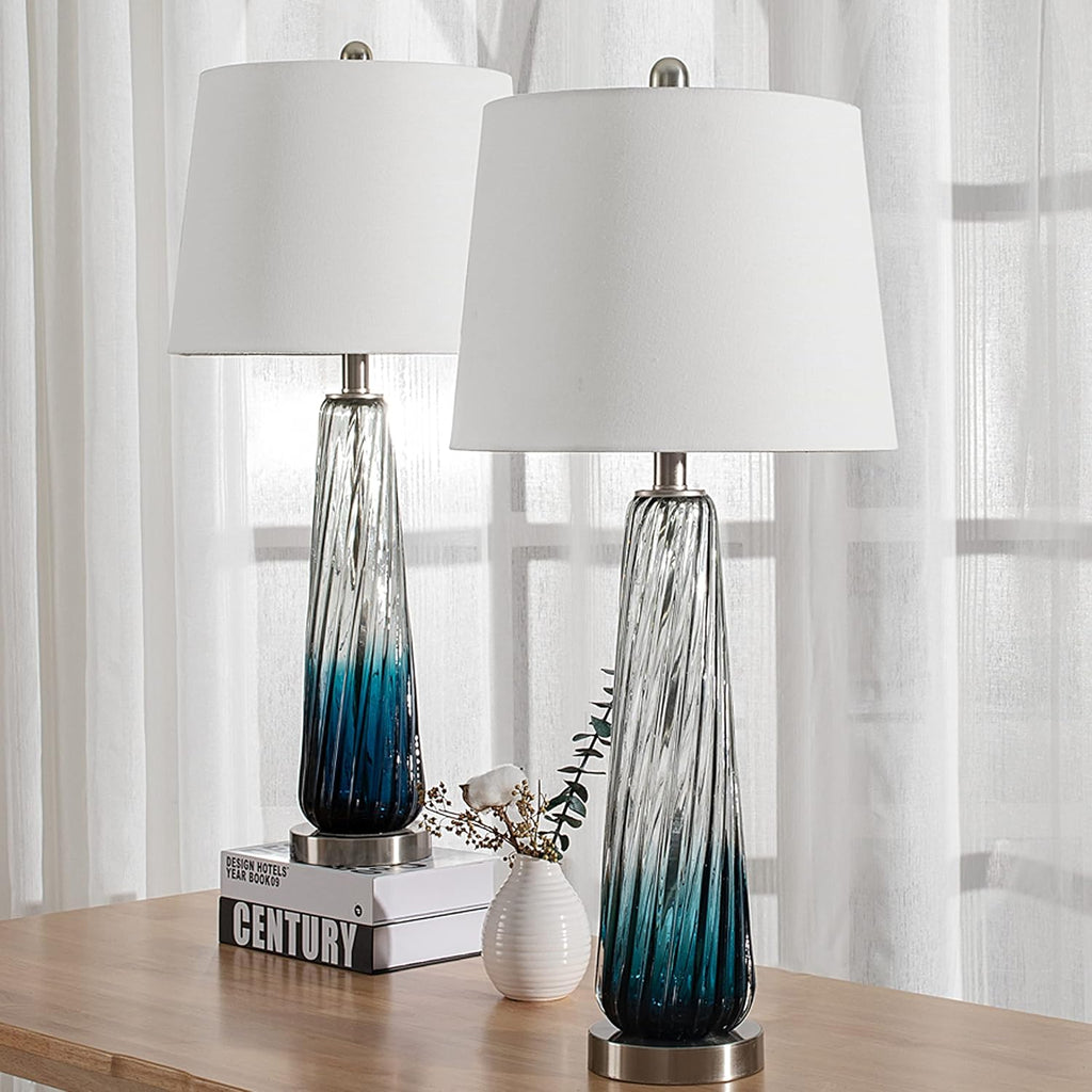 Maxax 29' Coastal Glass Table Lamps Set of 2, Modern Blue Bedside Lamps for Living Room 3 Way Dimmable Tall Glass Bedroom Lamp for Nightstand