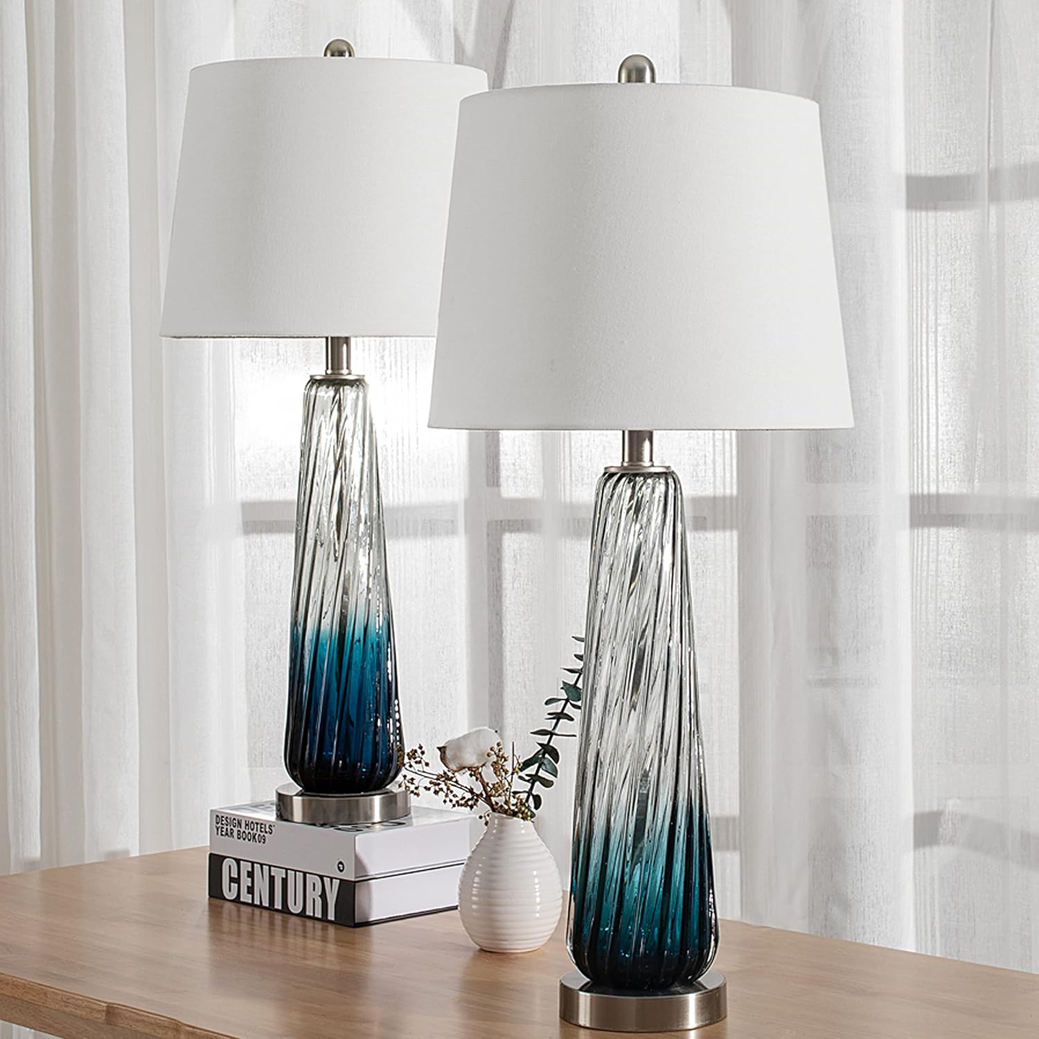 Maxax 29' Coastal Glass Table Lamps Set of 2, Modern Blue Bedside Lamps for Living Room 3 Way Dimmable Tall Glass Bedroom Lamp for Nightstand