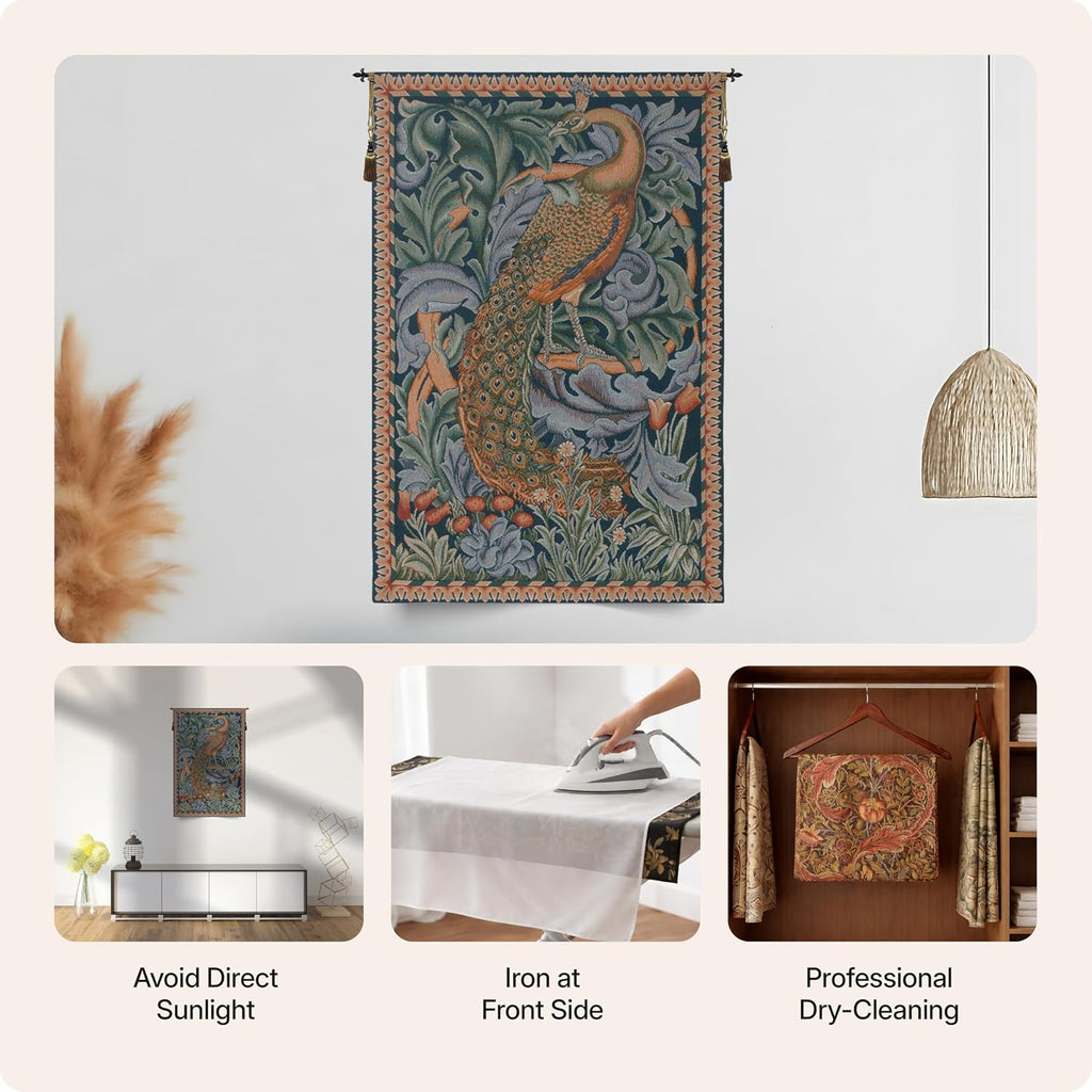 Charlotte Home Furnishings Inc French Boho Tapestry Wall Hanging 29 x 19 in, Peacock Aesthetic Woven Wall Art decor for Living Room Home Decor, European Cotton Jacquard Woven