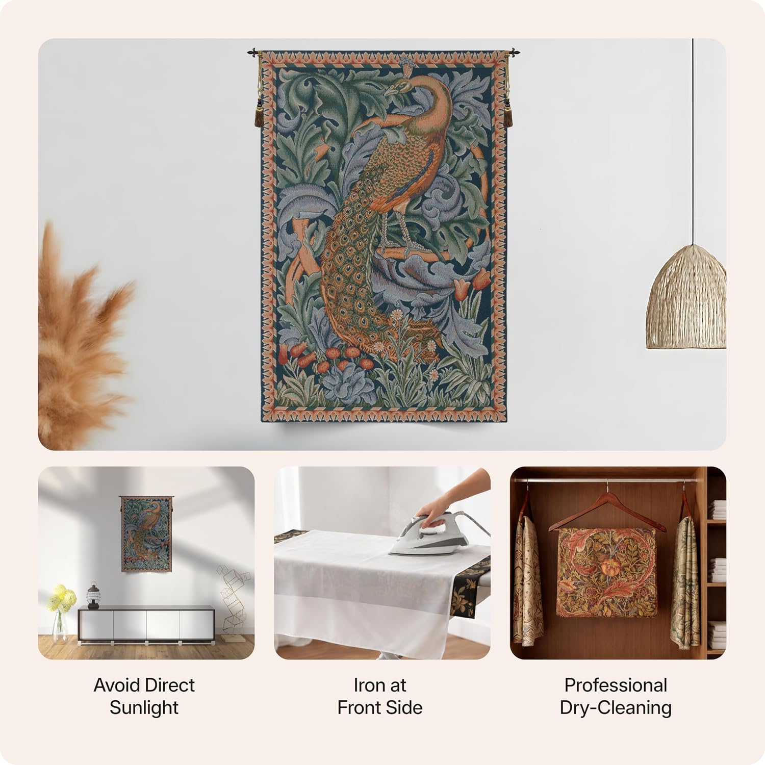 Charlotte Home Furnishings Inc French Boho Tapestry Wall Hanging 29 x 19 in, Peacock Aesthetic Woven Wall Art decor for Living Room Home Decor, European Cotton Jacquard Woven