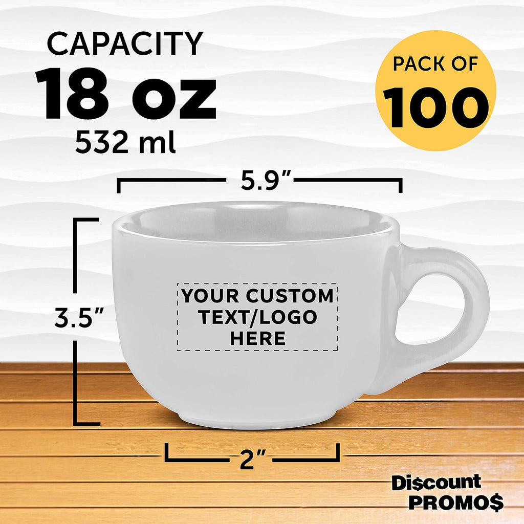 Custom Ceramic Cappuccino Mugs 18 oz. Set of 100, Personalized Bulk Pack - Perfect for Coffee, Tea, Espresso, Hot Cocoa, Other Beverages - White
