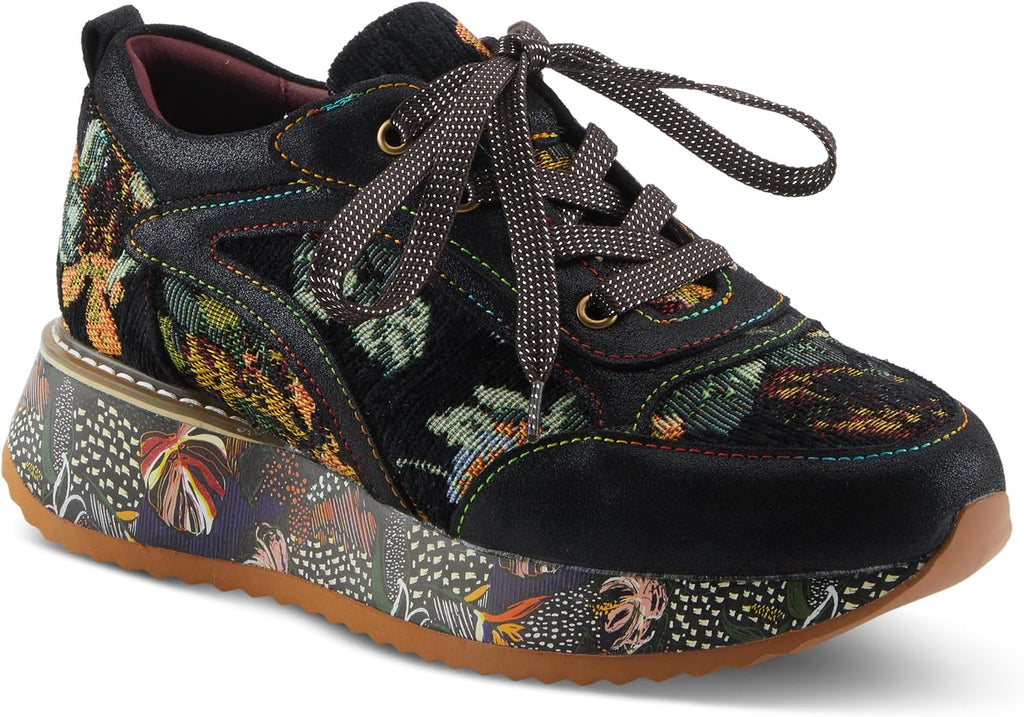 L'Artiste INVIDIA Women's Platform Sneaker – Metallic Leather & Tapestry Lace-Up with Rainbow Stitching