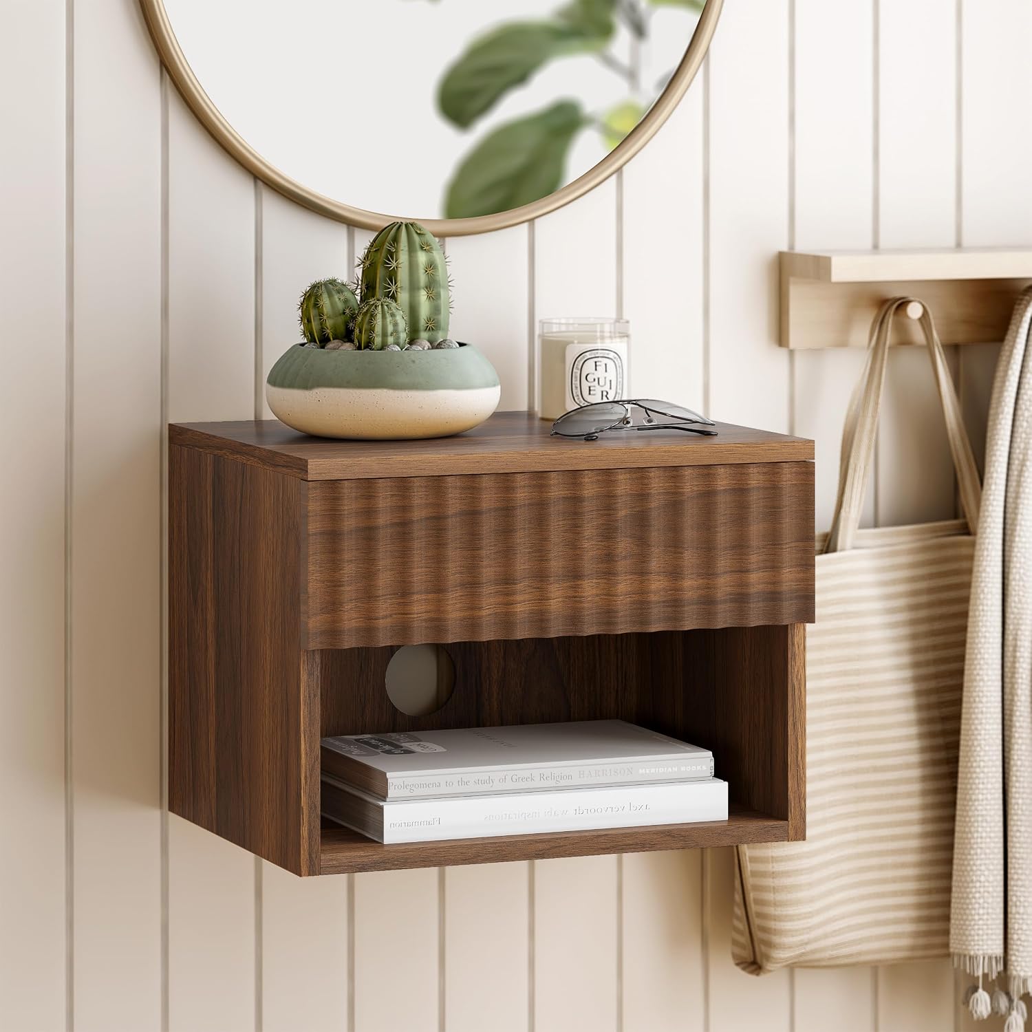 EYYTHUNG Floating Nightstand Set of 2 with Drawer, Fluted Modern Night Stand with Fluted Door and Open Storage Shelf Wall Mounted Bedside Table for Bedroom, Entryway Brown
