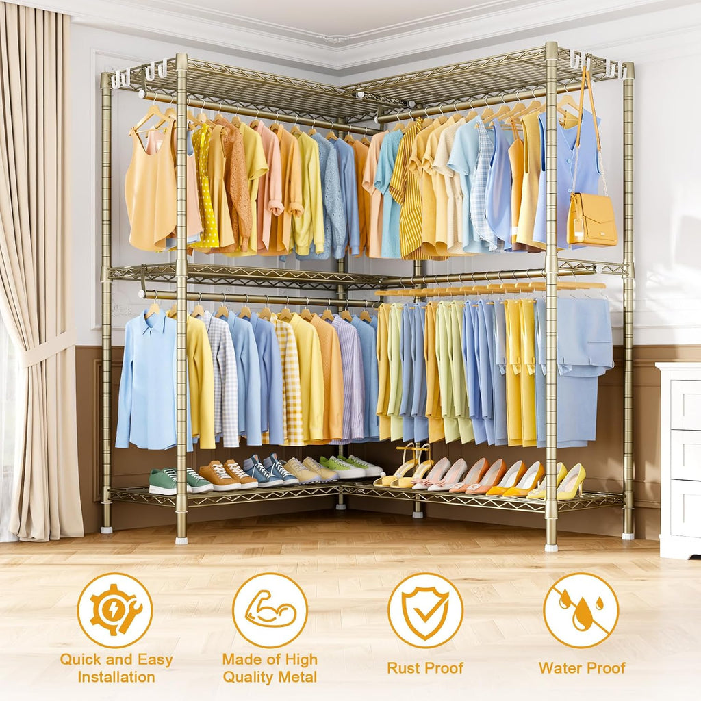 ULIFHOME E15 Pro Garment Rack L Shaped Clothes Rack for Corner，Freestanding Clothing Racks for Hanging Clothes，Heavy Duty Closet System with 4 Hanging Rods & 8 S Hooks，48.8'W x 15.8'D x 78.4'H，Gold