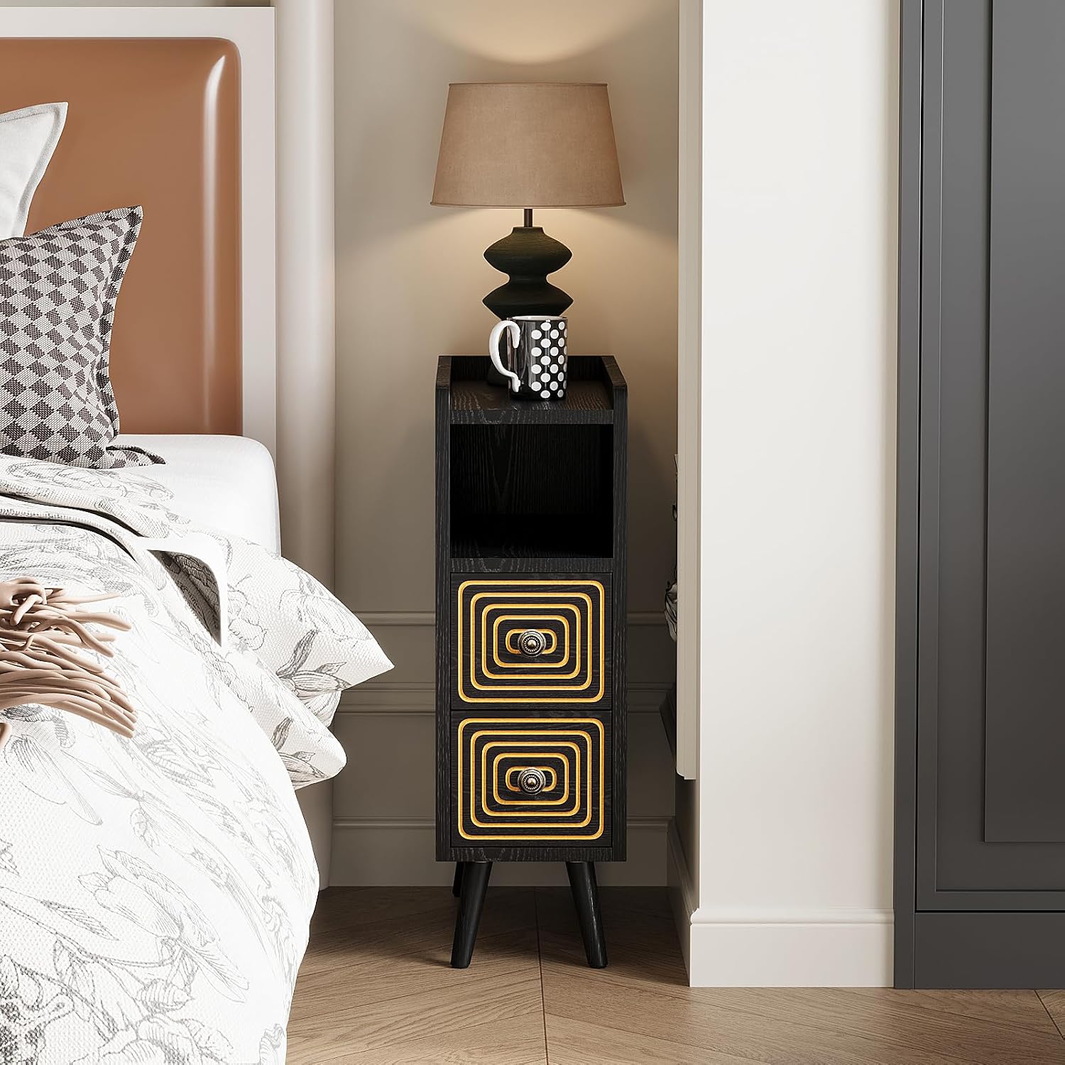 Nightstands Set of 2,Night Stand Bed Side Table with Storage Space,Wooden Bedside Table with Open Shelf,2 Drawers,End Table with Solid Wood Feet for Bedroom,College Dorm,Entryway (Black)